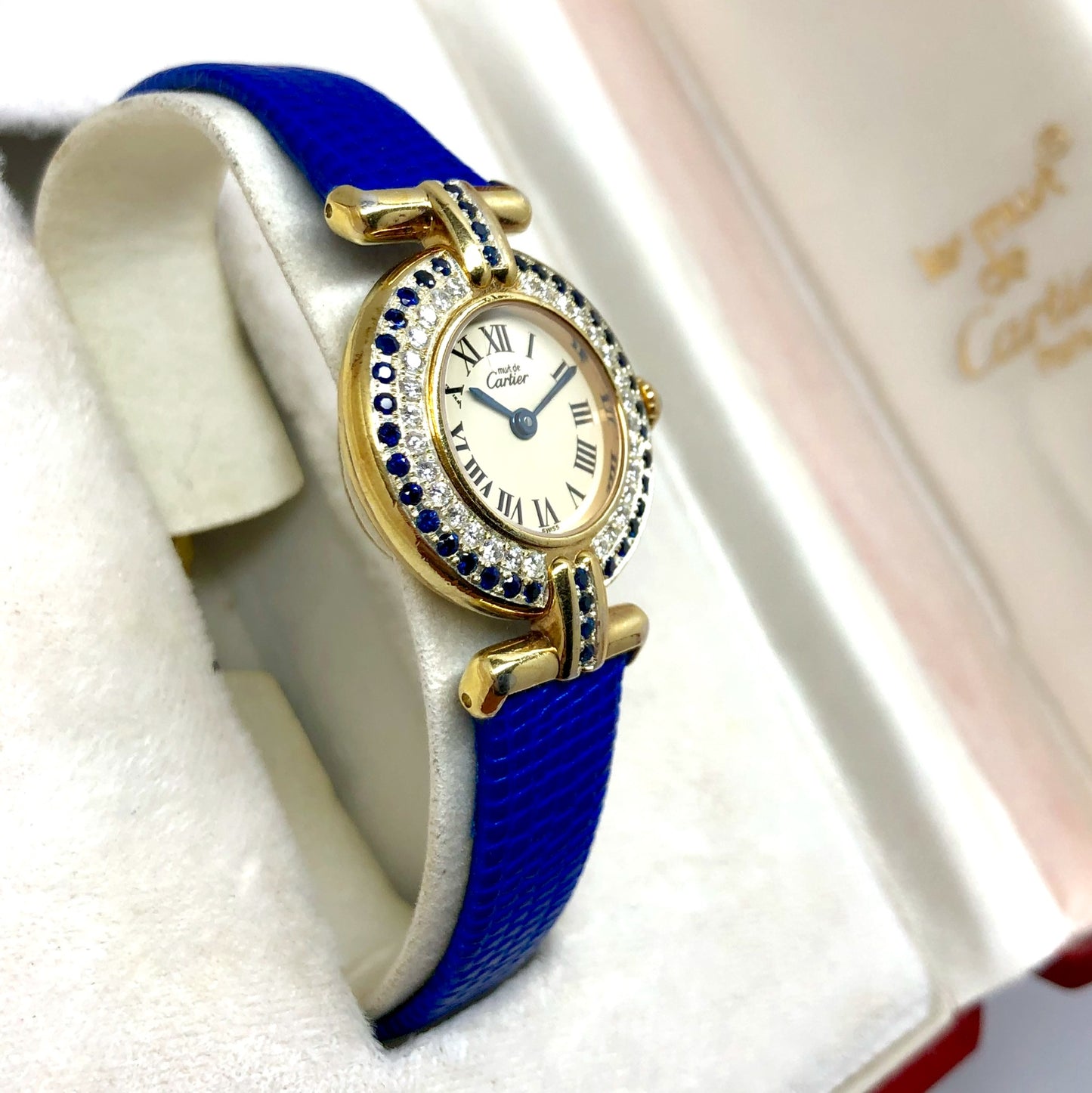 CARTIER VERMEIL COLISÈE Quartz 24mm GP Silver DIAMONDS & Blue SAPPHIRES Watch