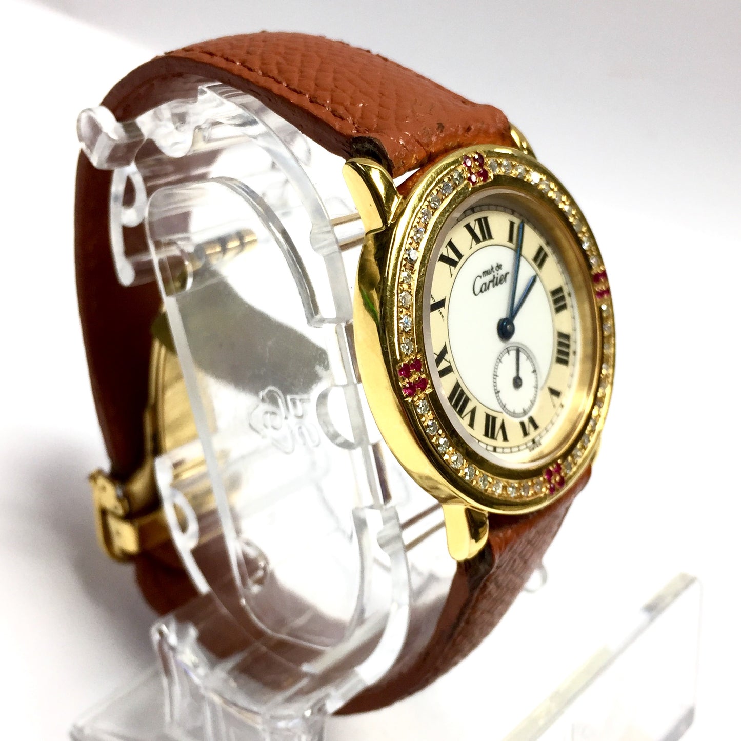 CARTIER RONDE 32mm Quartz GP Silver DIAMONDS & Red Rubies Watch