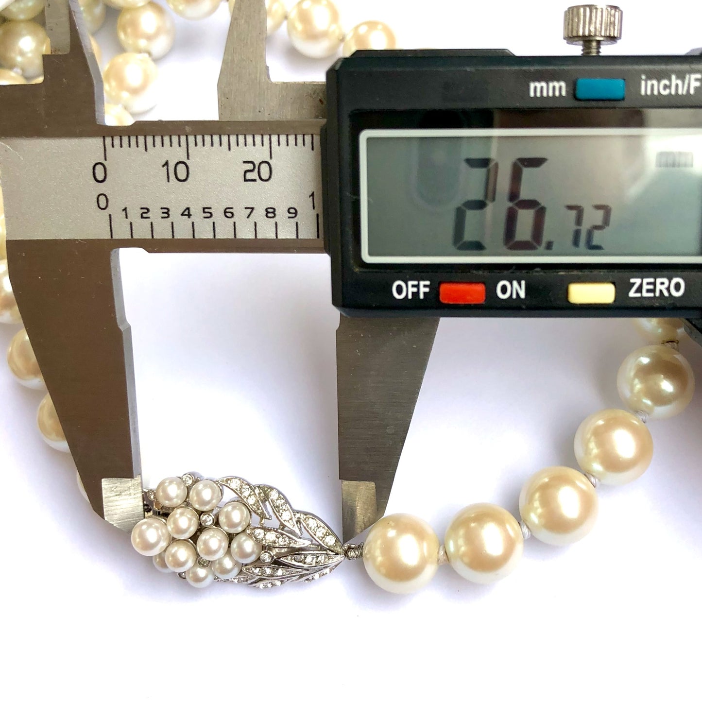 Champagne Faux PEARLS NECKLACE 27” Long Silver Detail Crystals