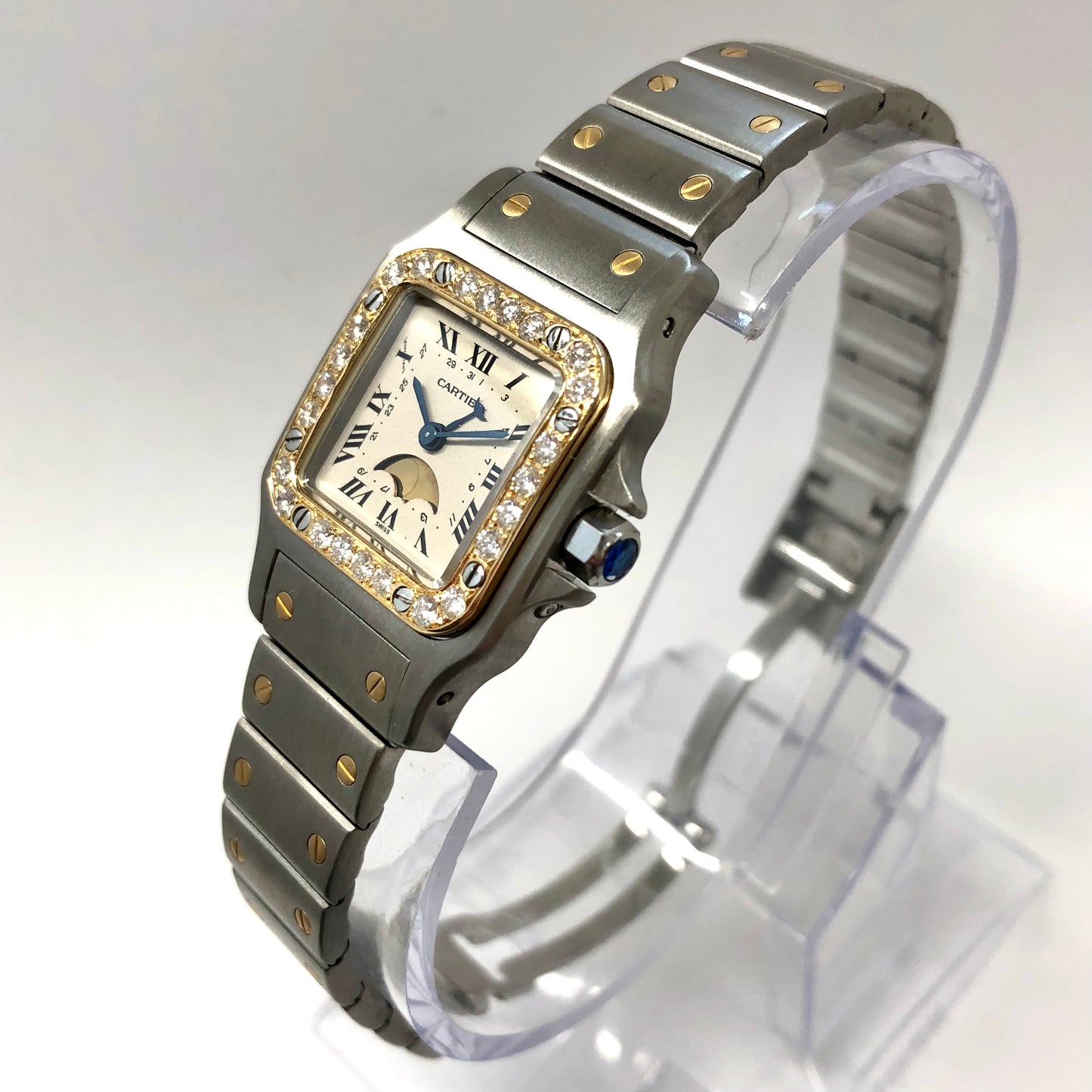 CARTIER SANTOS GALBEE 24mm Quartz Moon Phase 2 Tone Watch 0.54TCW Diamond Bezel