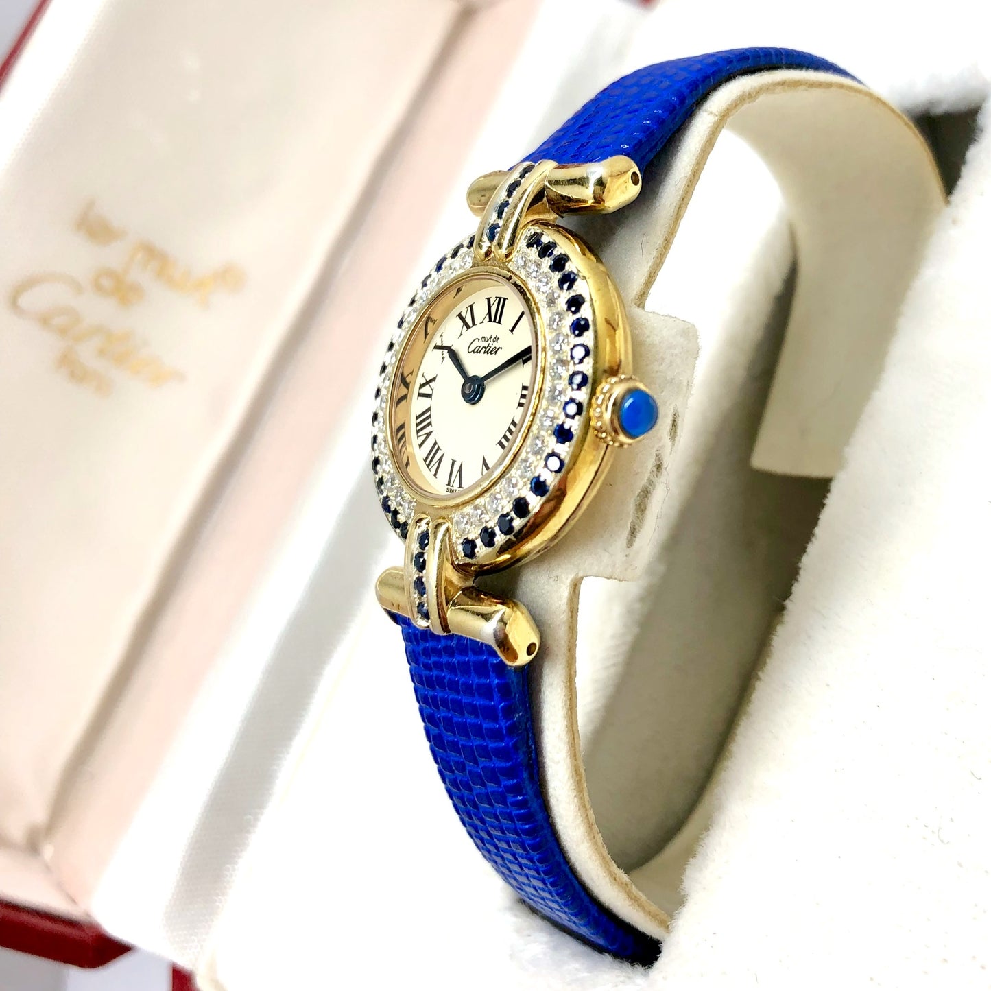 CARTIER VERMEIL COLISÈE Quartz 24mm GP Silver DIAMONDS & Blue SAPPHIRES Watch