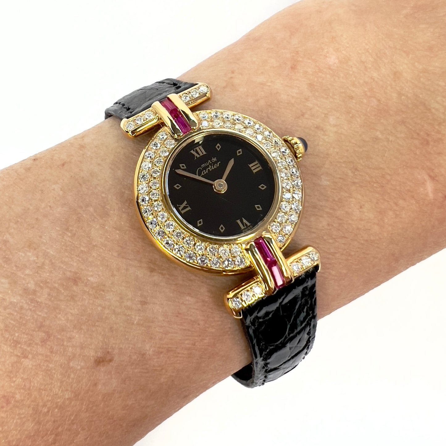 CARTIER VERMEIL COLISÈE Quartz 24mm GoldPlated Silver 0.83TCW DIAMONDS
& Red Rubies Watch