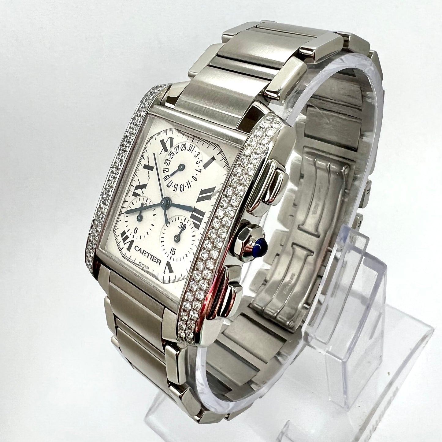 CARTIER TANK FRANCAISE Chronograph Quartz 28mm Steel ~1TCW DIAMOND Watch
