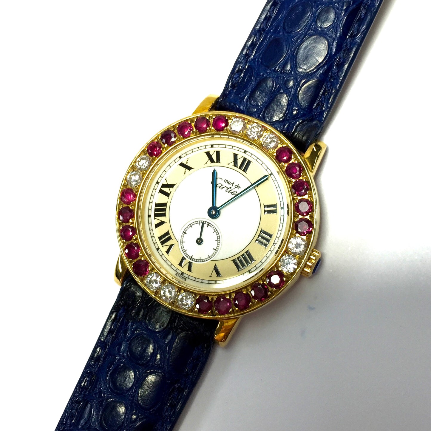 CARTIER RONDE 32mm Quartz GP Silver Diamonds & Red Rubies Watch
