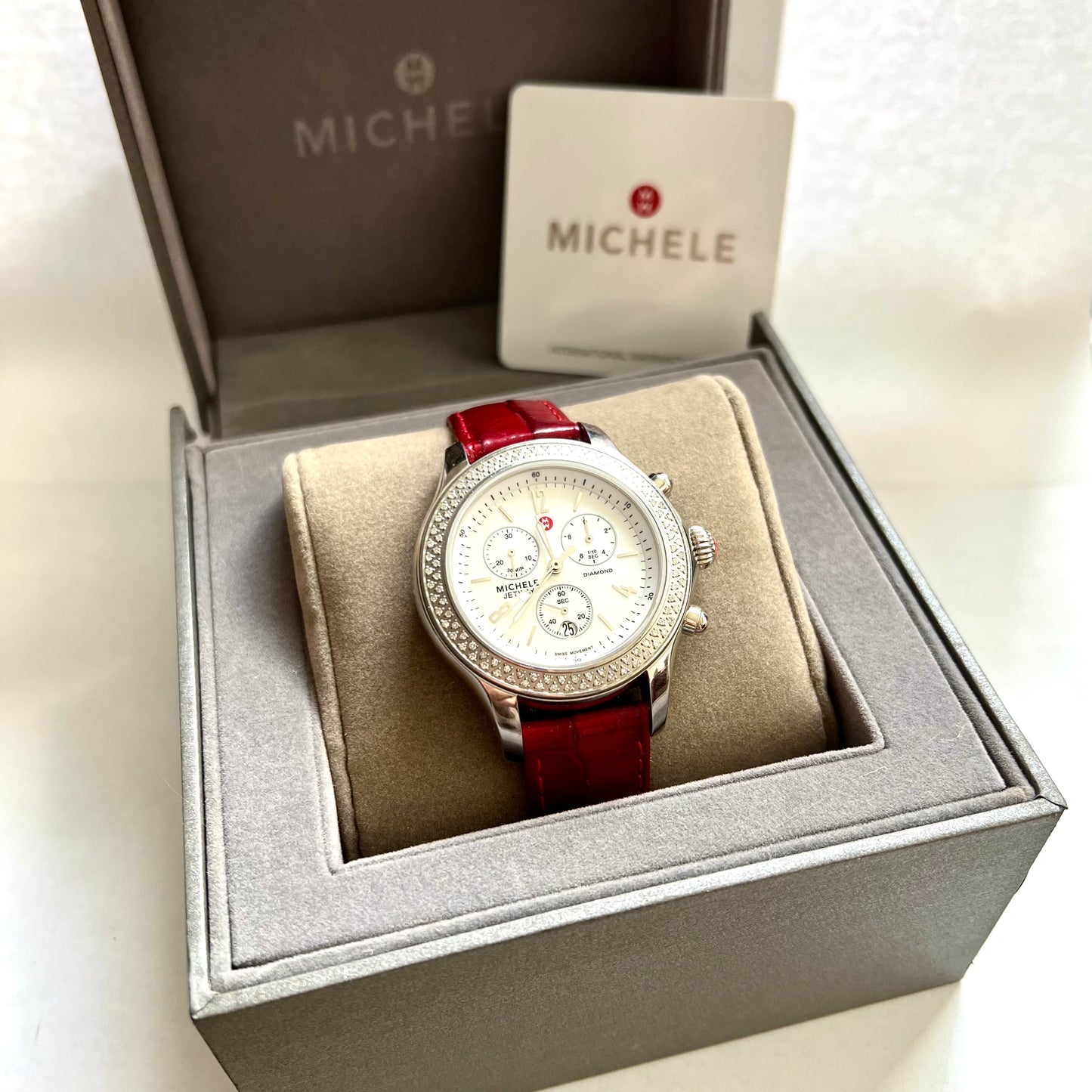 MICHELE JETWAY DIAMOND Chronograph Steel Watch 112 Factory Diamonds Original Band