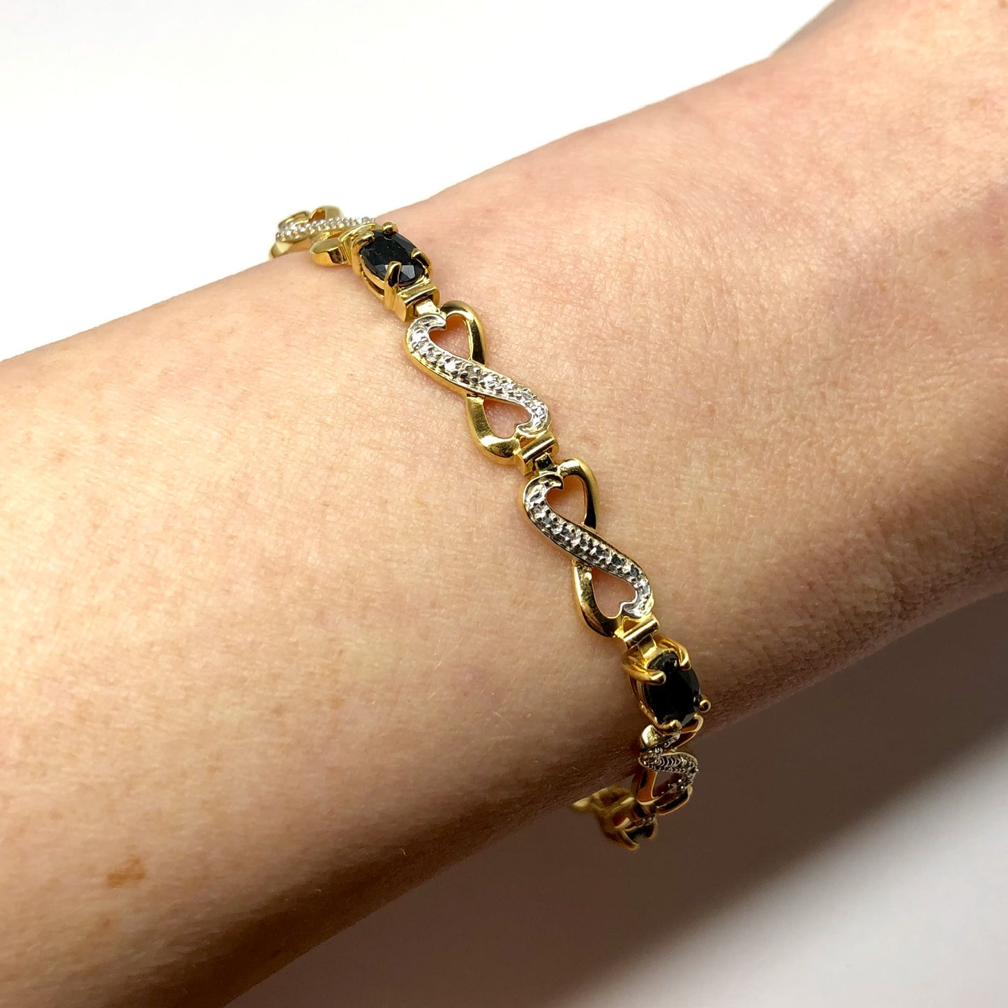 BLUE SAPPHIRE & DIAMONDS 14K GP Silver Tennis BRACELET 9.5g 7.5” long