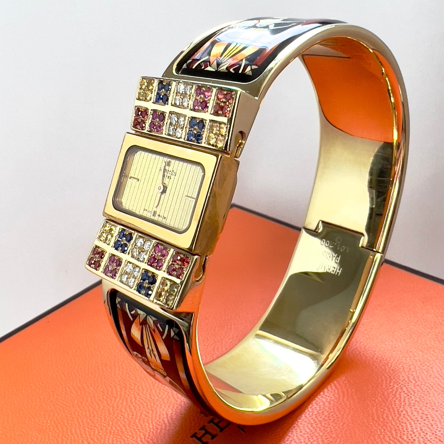 HERMÈS LOQUET Quartz 20mm Gold-Plated Steel Bracelet Watch Multi-Color SAPPHIRES & DIAMONDS