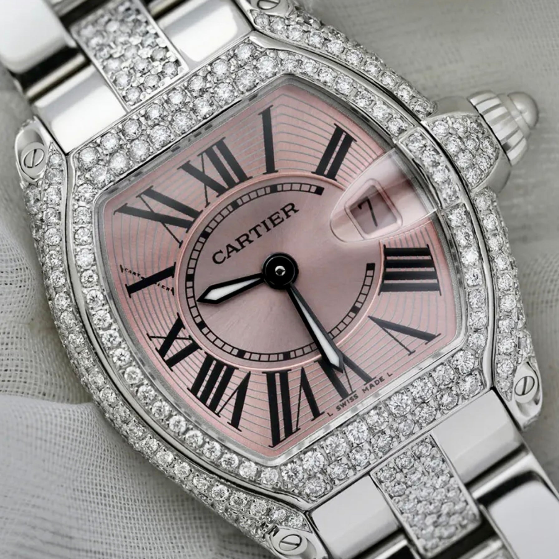 CARTIER ROADSTER Quartz 31mm Steel ~5TCW Diamond Watch NATILUXIA