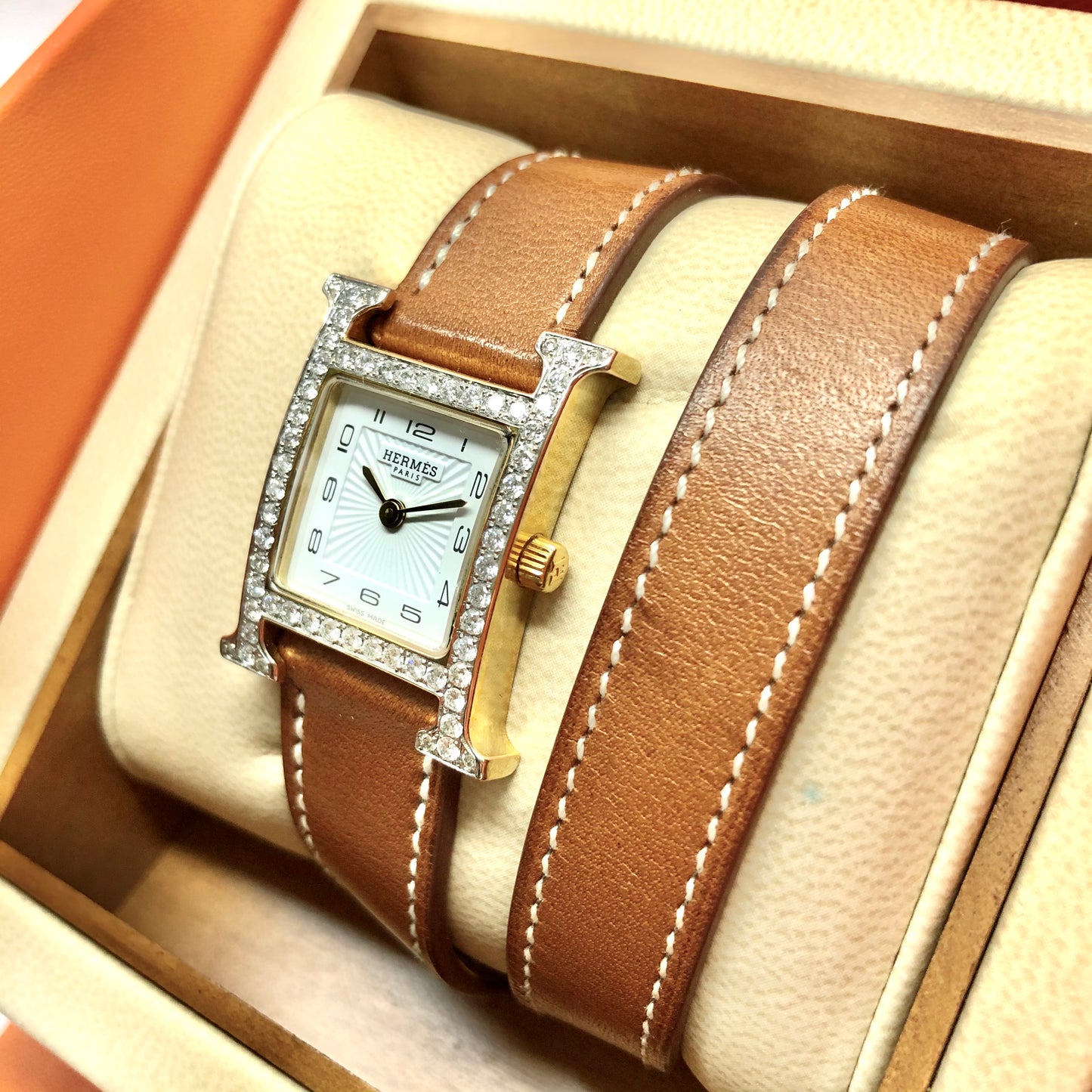 HERMÈS HEURE H Quartz 25mm Two Tone 0.91TCW DIAMOND Watch Hermès Double Tour Band