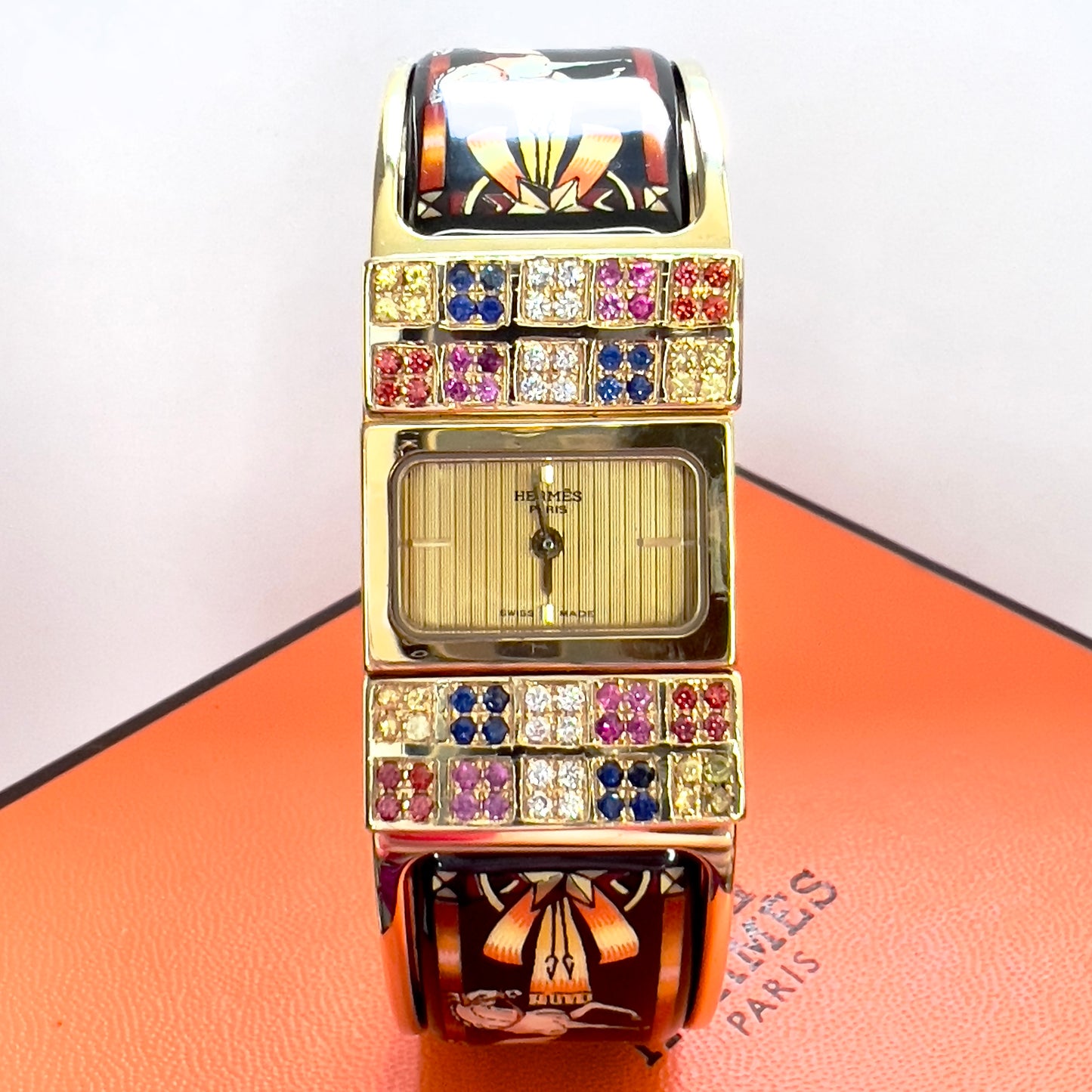 HERMÈS LOQUET 18K Gold-Plated Bracelet Watch w/ Multi-Color SAPPHIRES & DIAMONDS