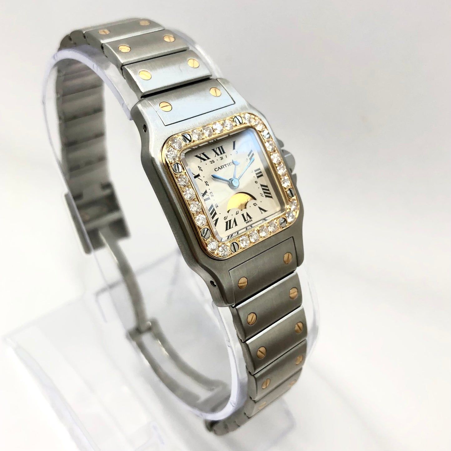 CARTIER SANTOS GALBEE 24mm Quartz Moon Phase 2 Tone Watch 0.54TCW Diamond Bezel