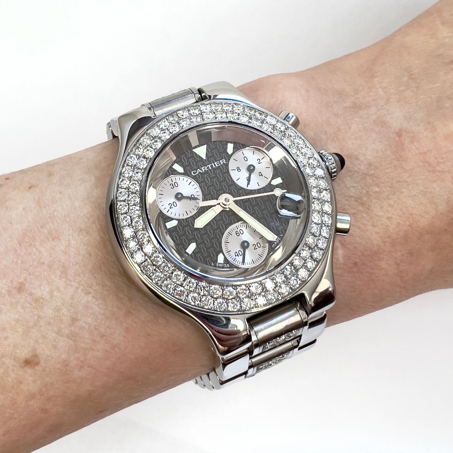 CARTIER Chronoscaph 21 Quartz Steel 38mm 3.10TCW Diamond Watch