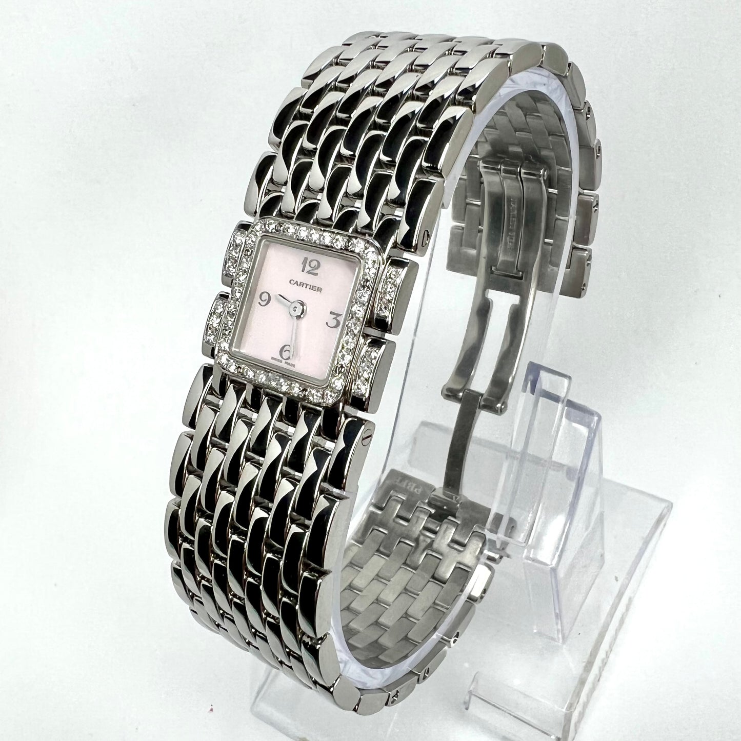 CARTIER RUBAN Quartz Steel 0.50TCW Diamond Watch Pink MOP Dial