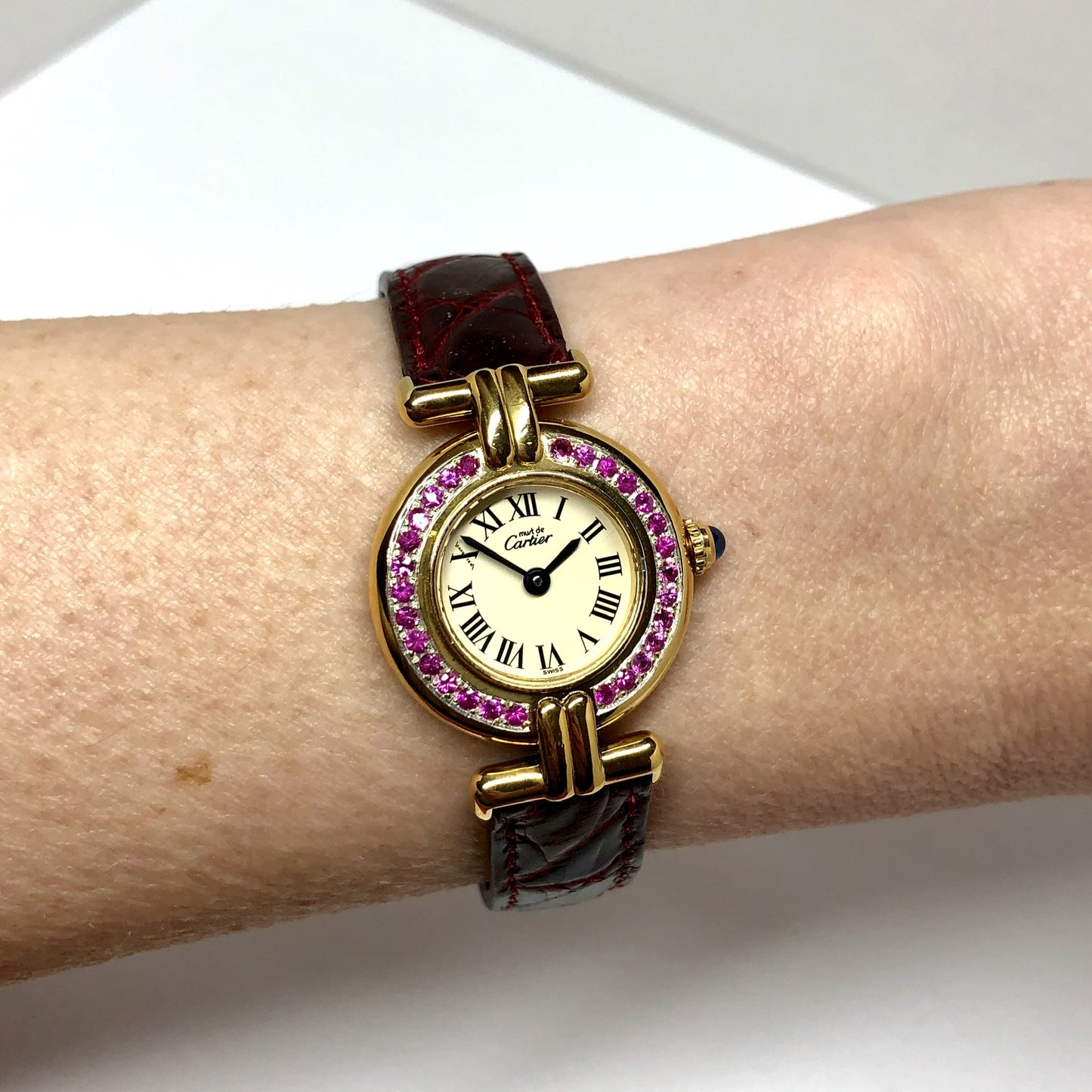 CARTIER VERMEIL COLISÈE Quartz 24mm Electroplated Silver 0.55TCW Pink SAPPHIRES Watch