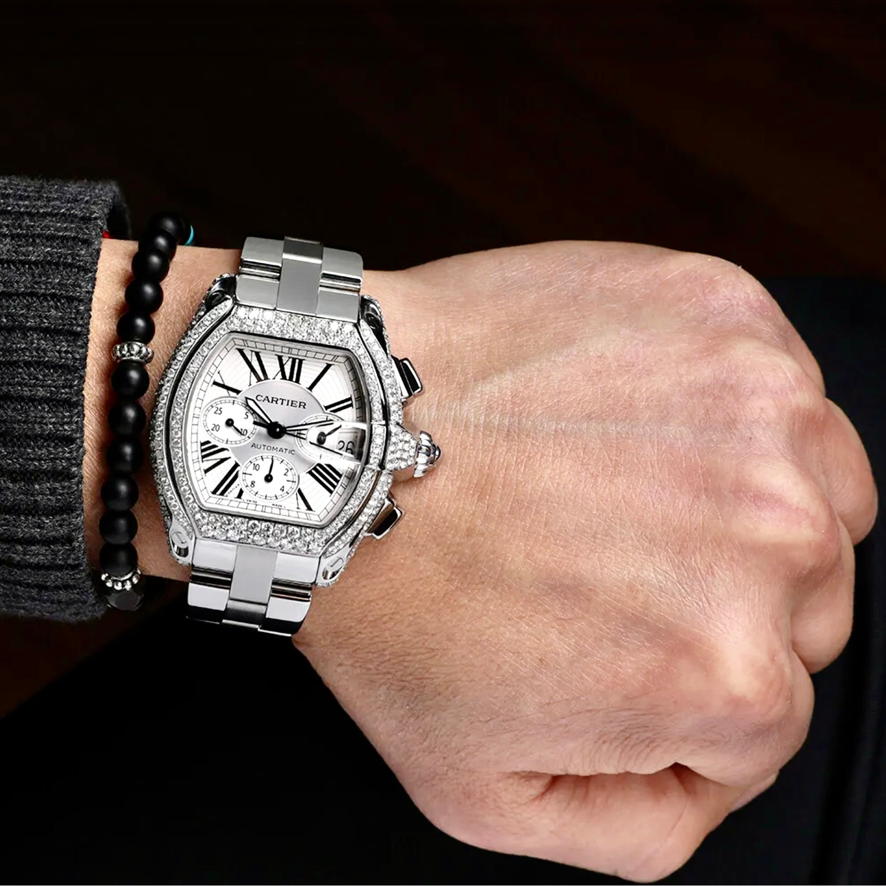CARTIER ROADSTER Chronograph 2618 Automatic 42mm Steel ~4TCW DIAMOND Watch