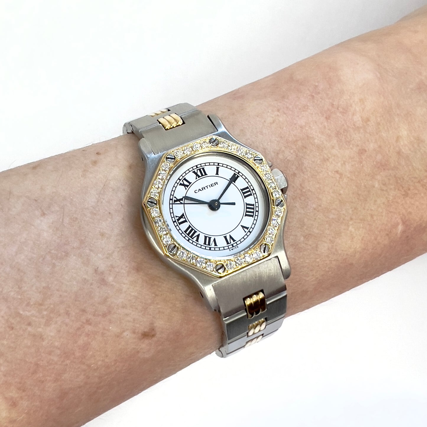 CARTIER SANTOS OCTAGON 25mm Automatic 2 Tone 0.32TCW DIAMOND Watch