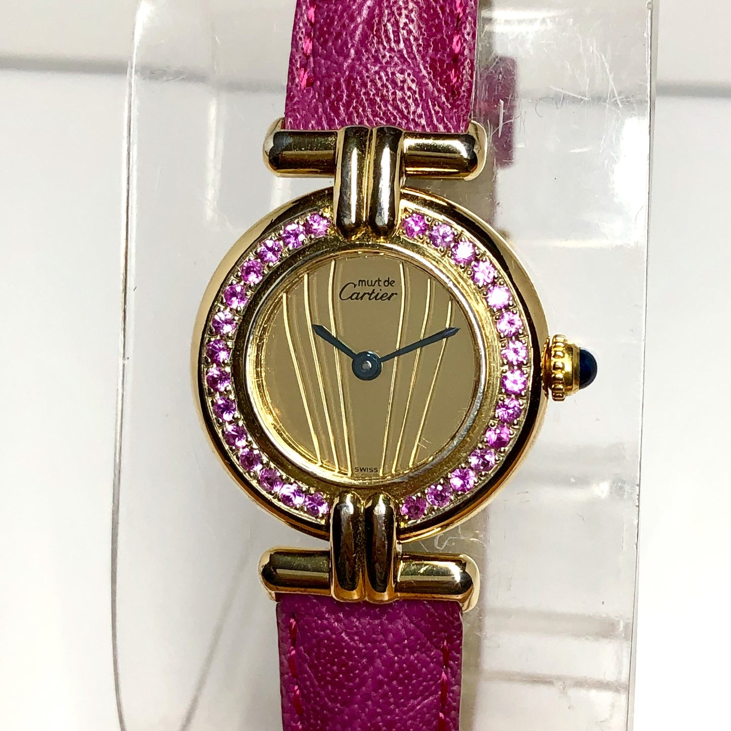 CARTIER VERMEIL COLISÈE Quartz 24mm GP Silver 0.55TCW Pink SAPPHIRES Watch