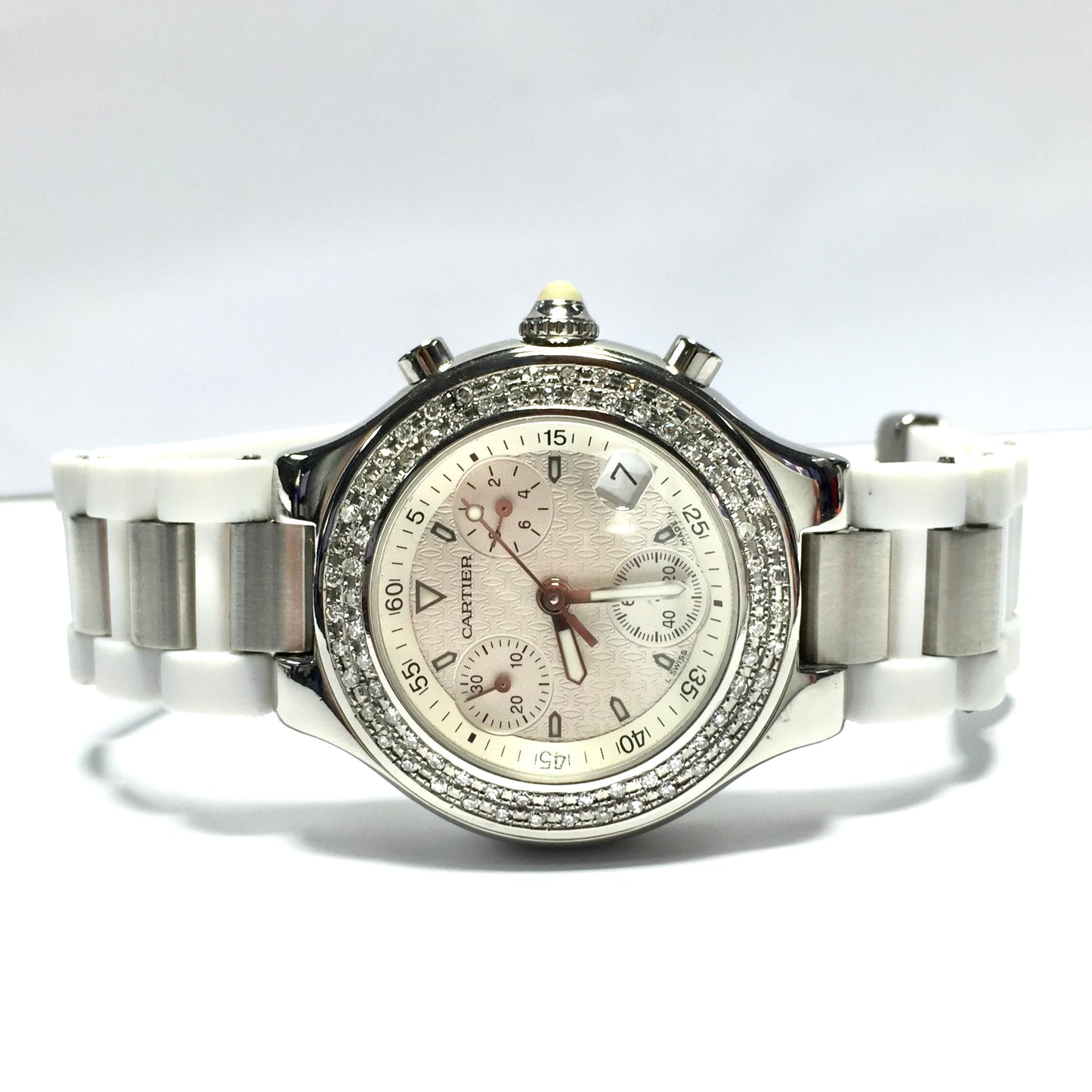 CARTIER CHRONOSCAPH 21 Chronograph 2424 Quartz 38mm Steel 2.38TCW DIAMOND Watch