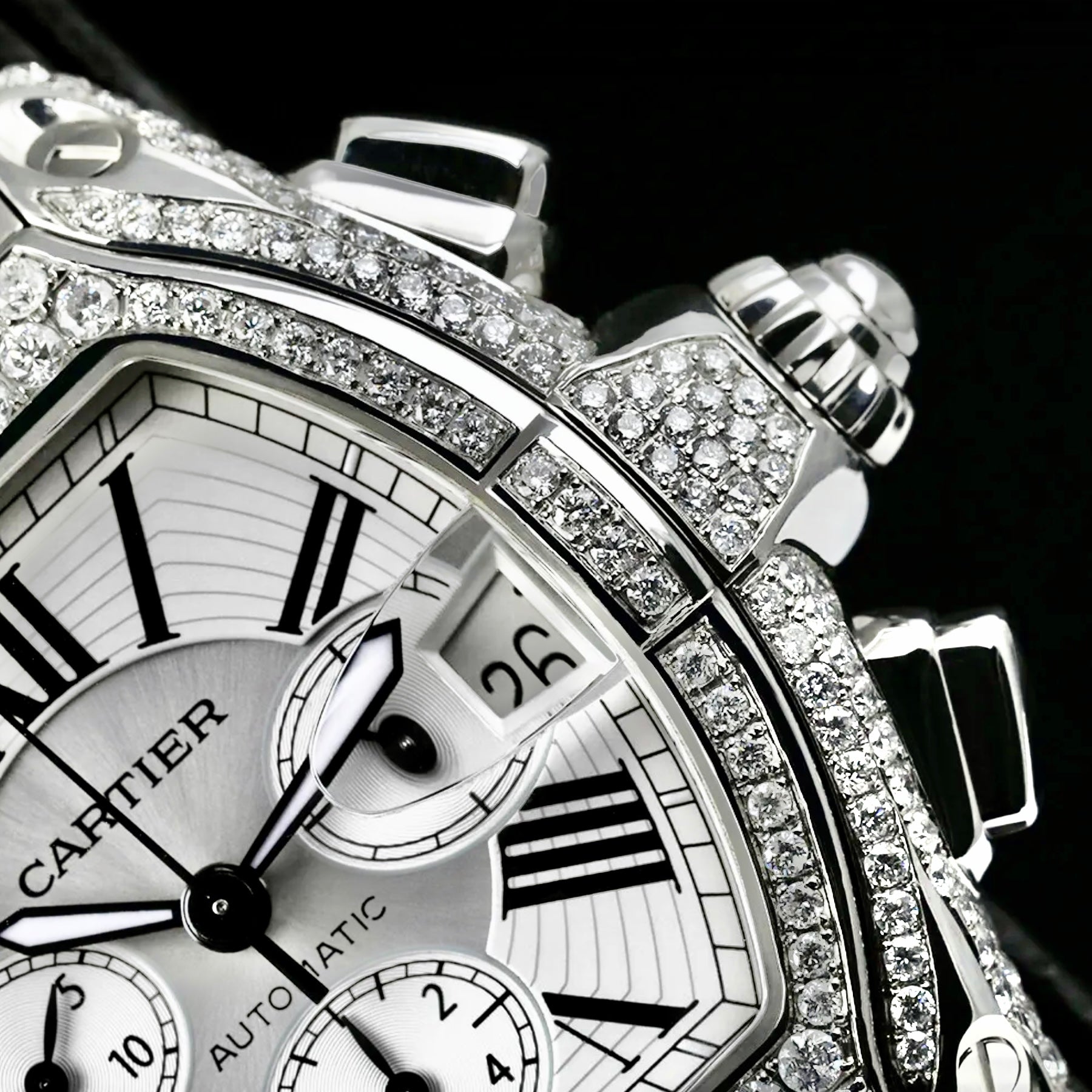 CARTIER ROADSTER Chronograph 2618 Automatic 42mm Steel ~4TCW DIAMOND Watch