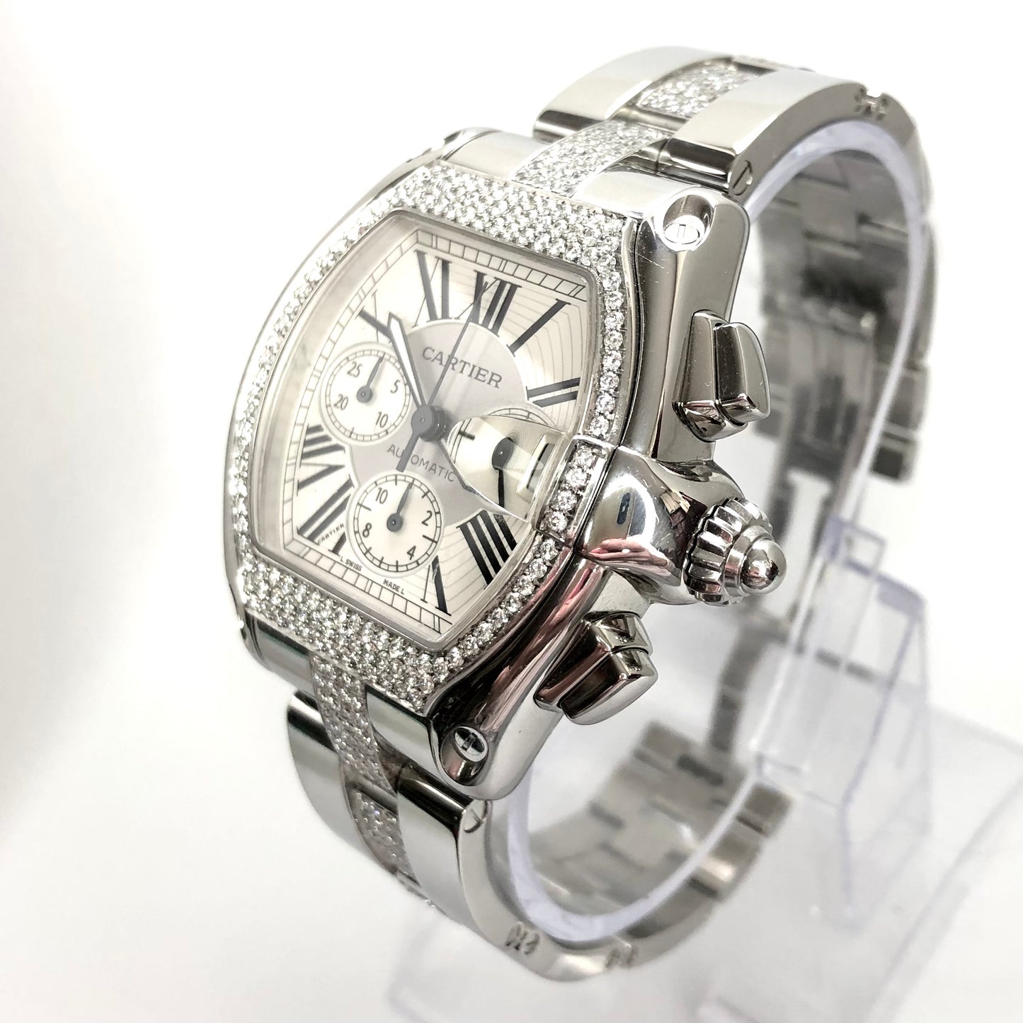 CARTIER ROADSTER Chronograph Automatic 42mm Steel ~2.5TCW DIAMOND Bezel & Bracelet Watch