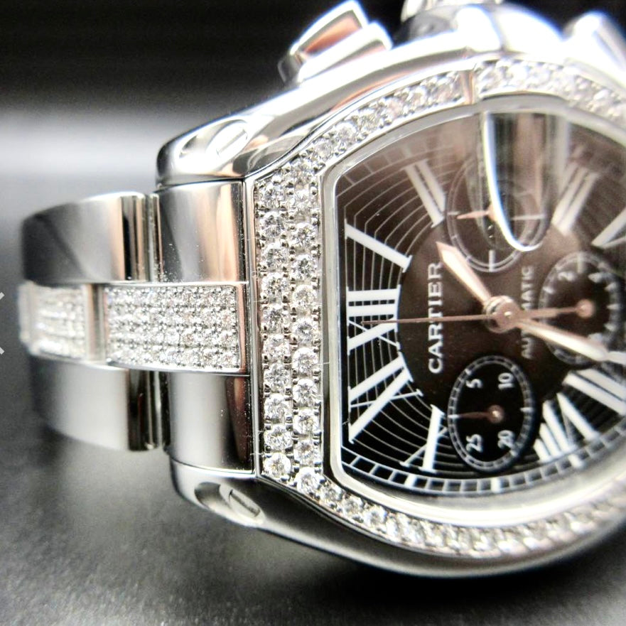 CARTIER ROADSTER Chronograph 2618 Automatic 42mm Steel ~4TCW Diamond Watch Media 1 of 5