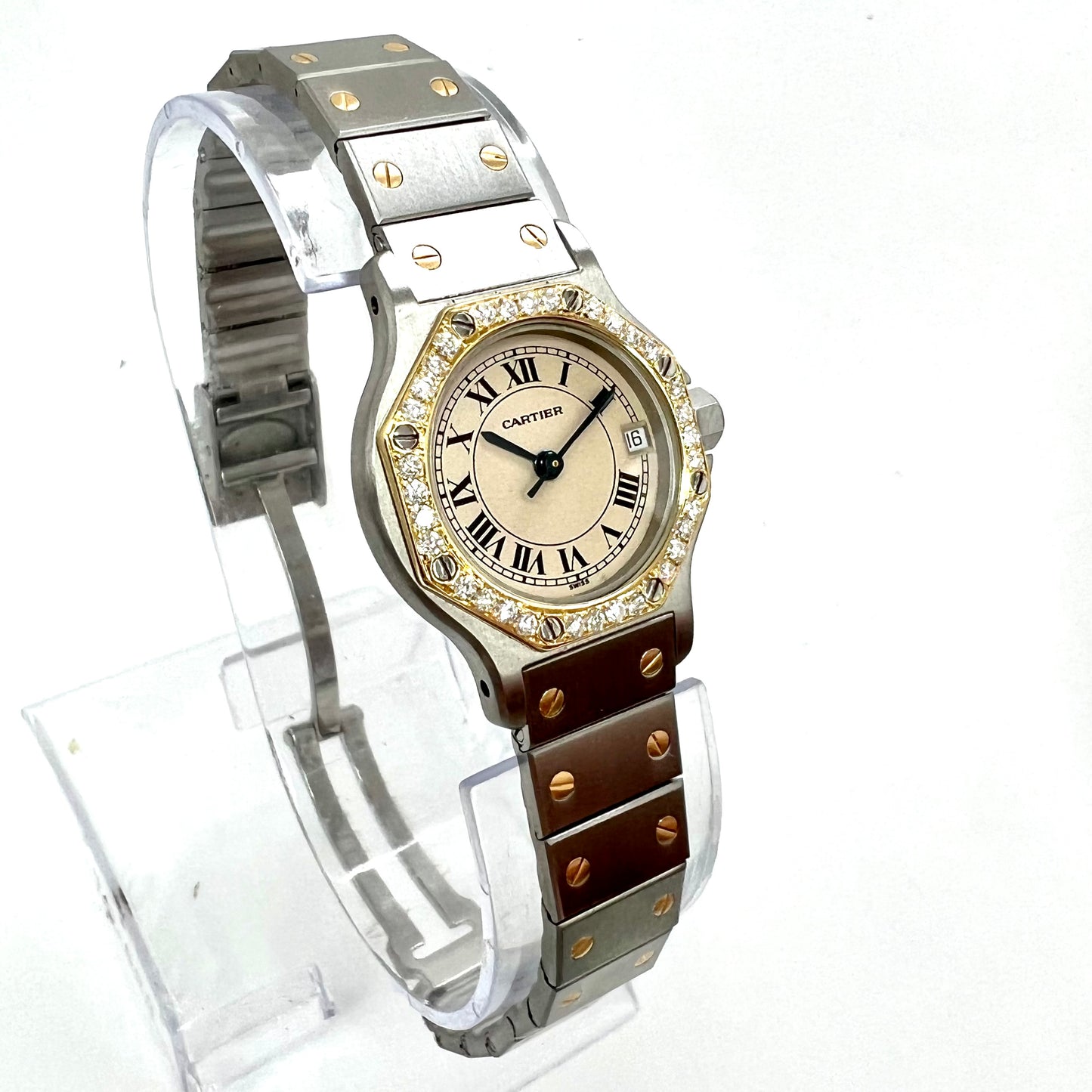 CARTIER SANTOS OCTAGON 25mm Quartz 2 Tone 0.40TCW Diamond Watch
