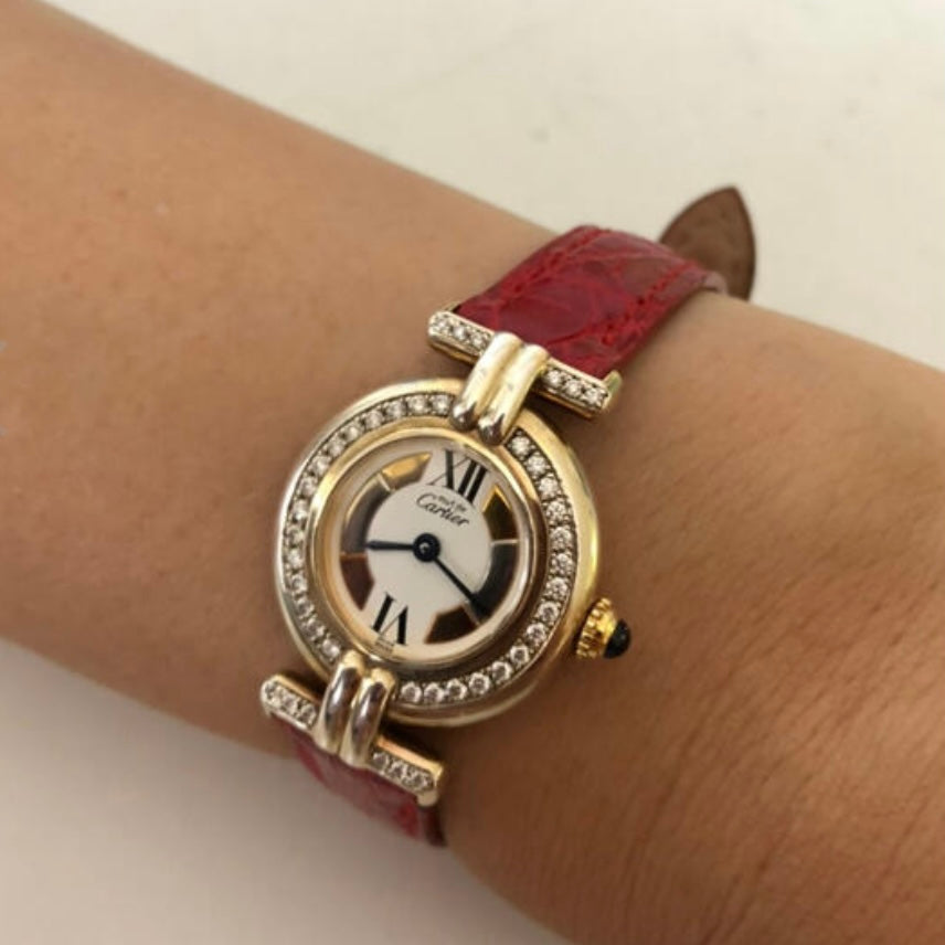 CARTIER VERMEIL COLISÈE Quartz 24mm GP Silver 0.67TCW DIAMOND Watch