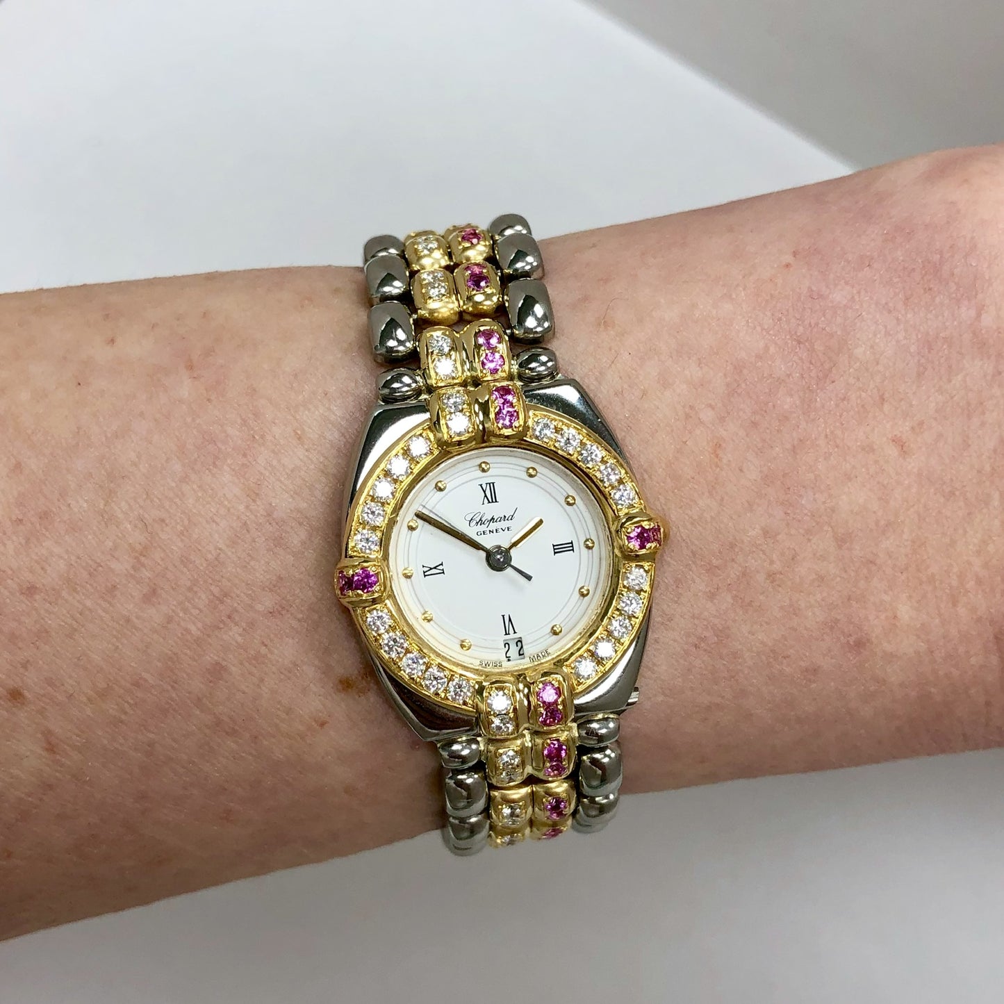 CHOPARD GSTAAD Quartz 24mm 2 Tone 1.49TCW DIAMONDS ~1.5TCW Pink SAPPHIRES Watch