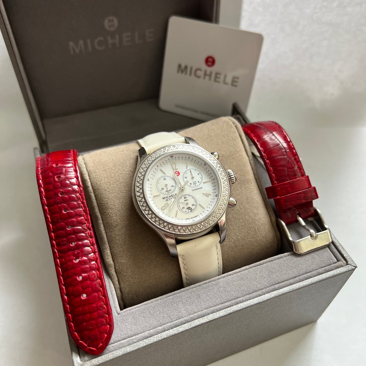 MICHELE JETWAY DIAMOND Chronograph Steel Watch 112 Factory Diamonds Original Band