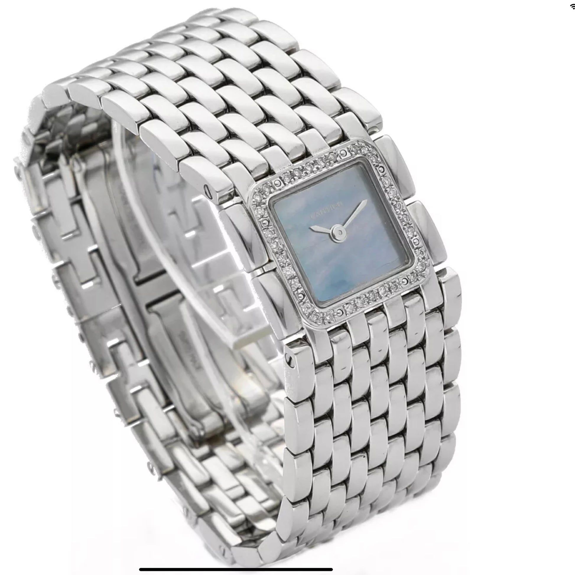 CARTIER Panthere RUBAN Quartz 21mm Steel 0.27TCW DIAMOND Watch Blue MOP Dial