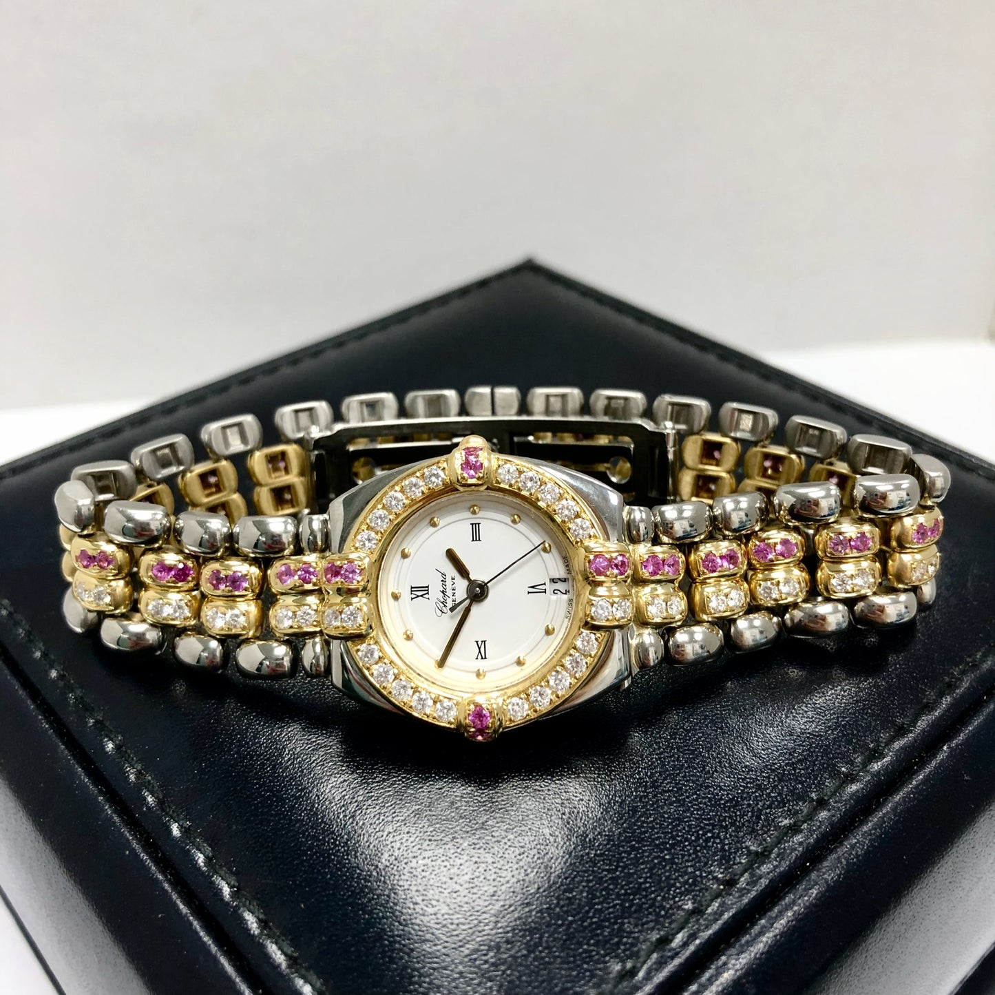 CHOPARD GSTAAD Quartz 24mm 2 Tone 1.49TCW DIAMONDS ~1.5TCW Pink SAPPHIRES Watch