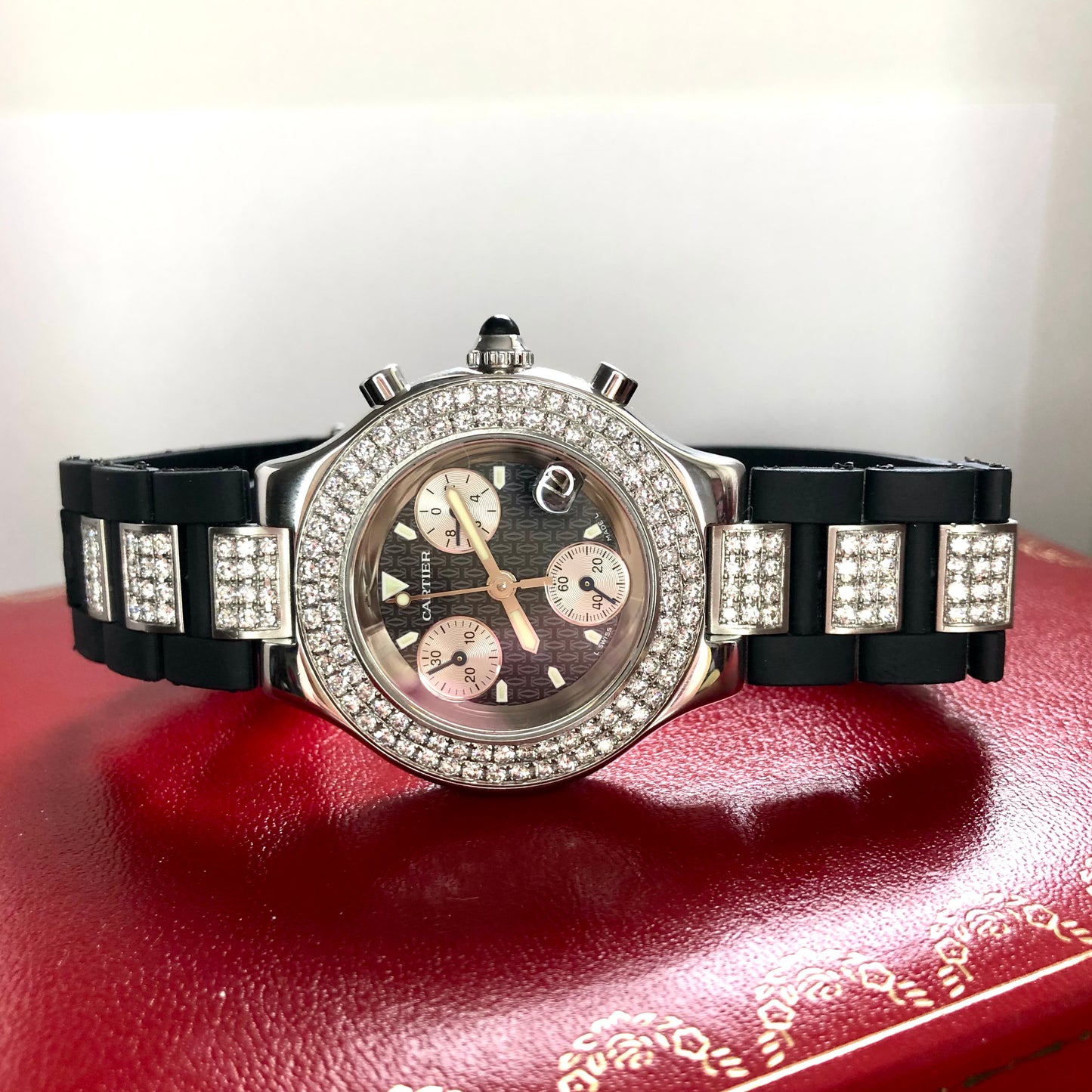 CARTIER CHRONOSCAPH 21 Chronograph 2424 Quartz Steel 38mm 4.47TCW DIAMOND Watch