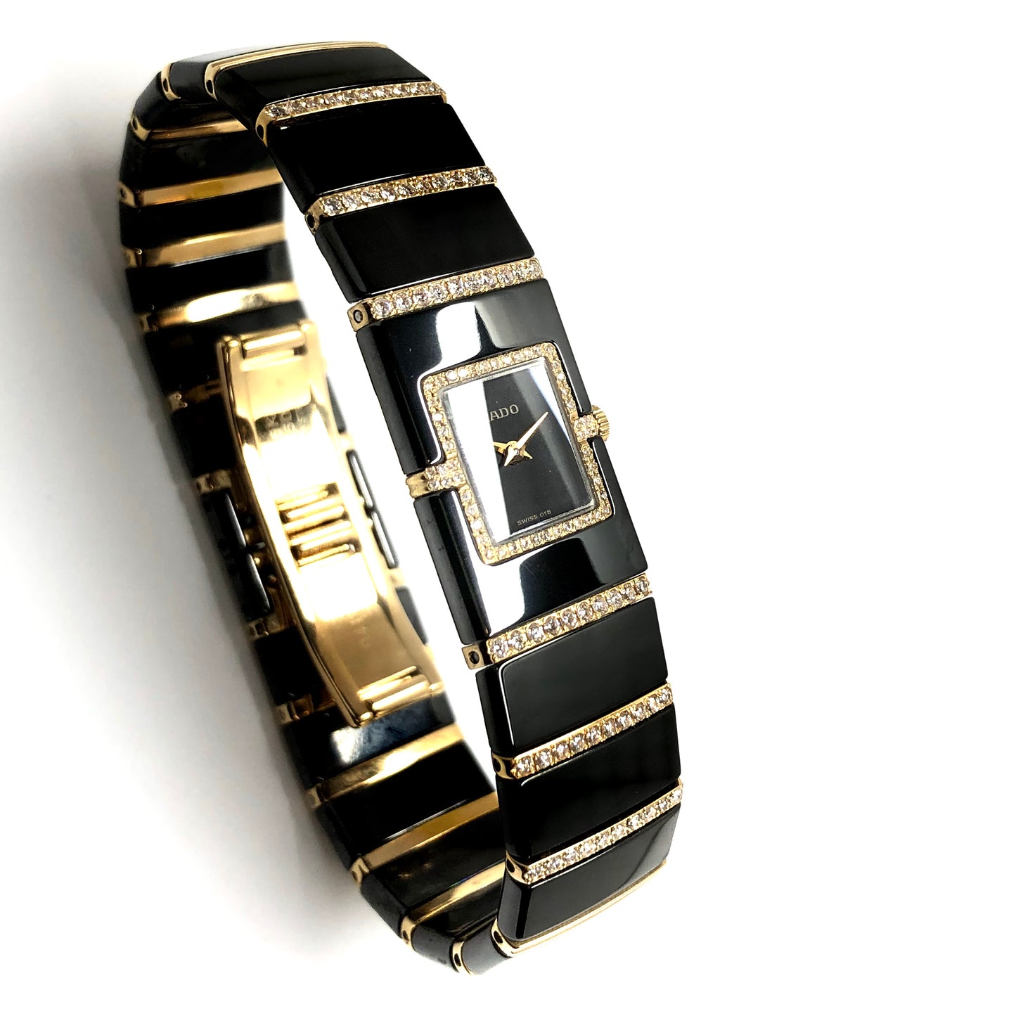 RADO DiaStar Quartz 16mm 18K Yellow Gold, Steel & High-Tech Black Ceramics ~0.75TCW Diamond Watch