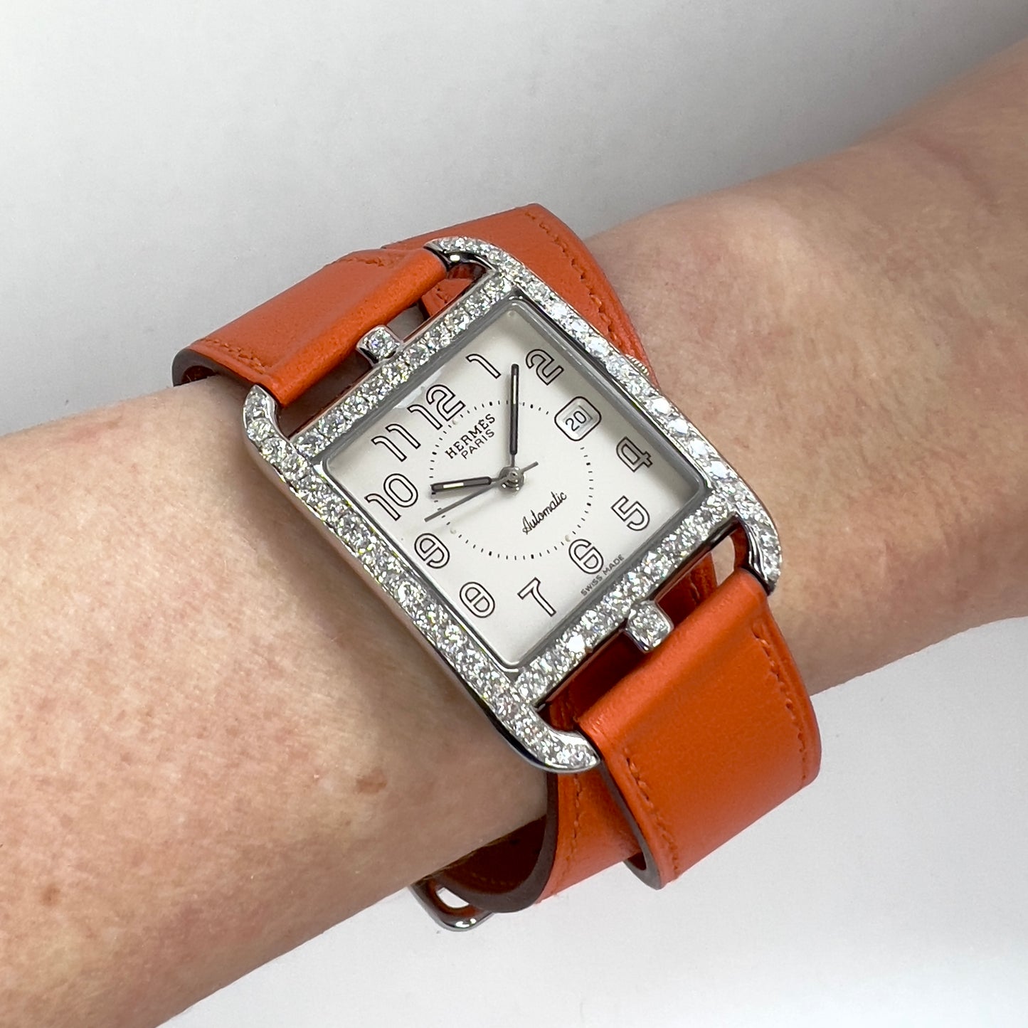 HERMES CAPE COD Automatic 29mm Steel 2.10TCW DIAMONDS Watch Hermès Double Tour Band