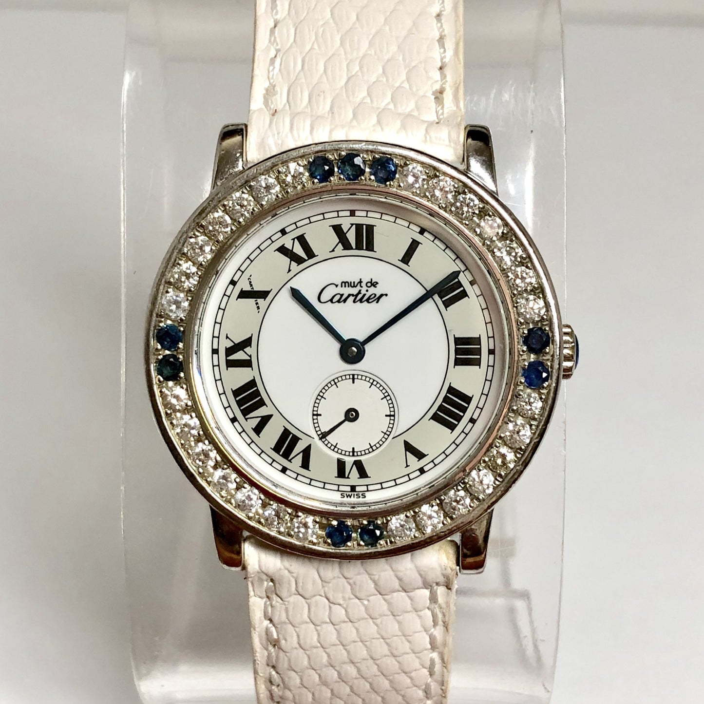 CARTIER RONDE Quartz 32mm Silver 1.01TCW DIAMONDS & Blue SAPPHIRES Watch