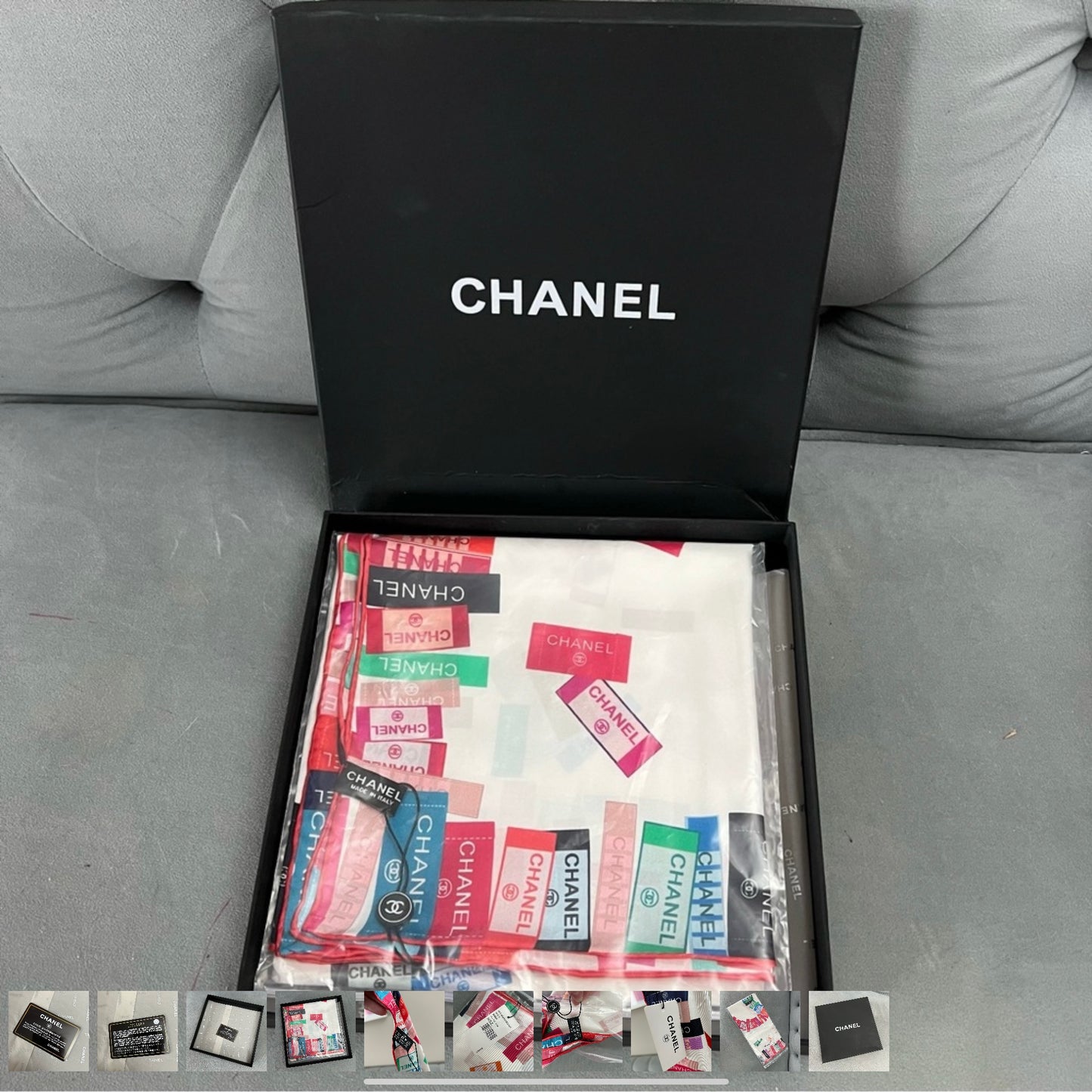 New CHANEL 100% Silk Scarf 34x34 inches in Box with Certificate