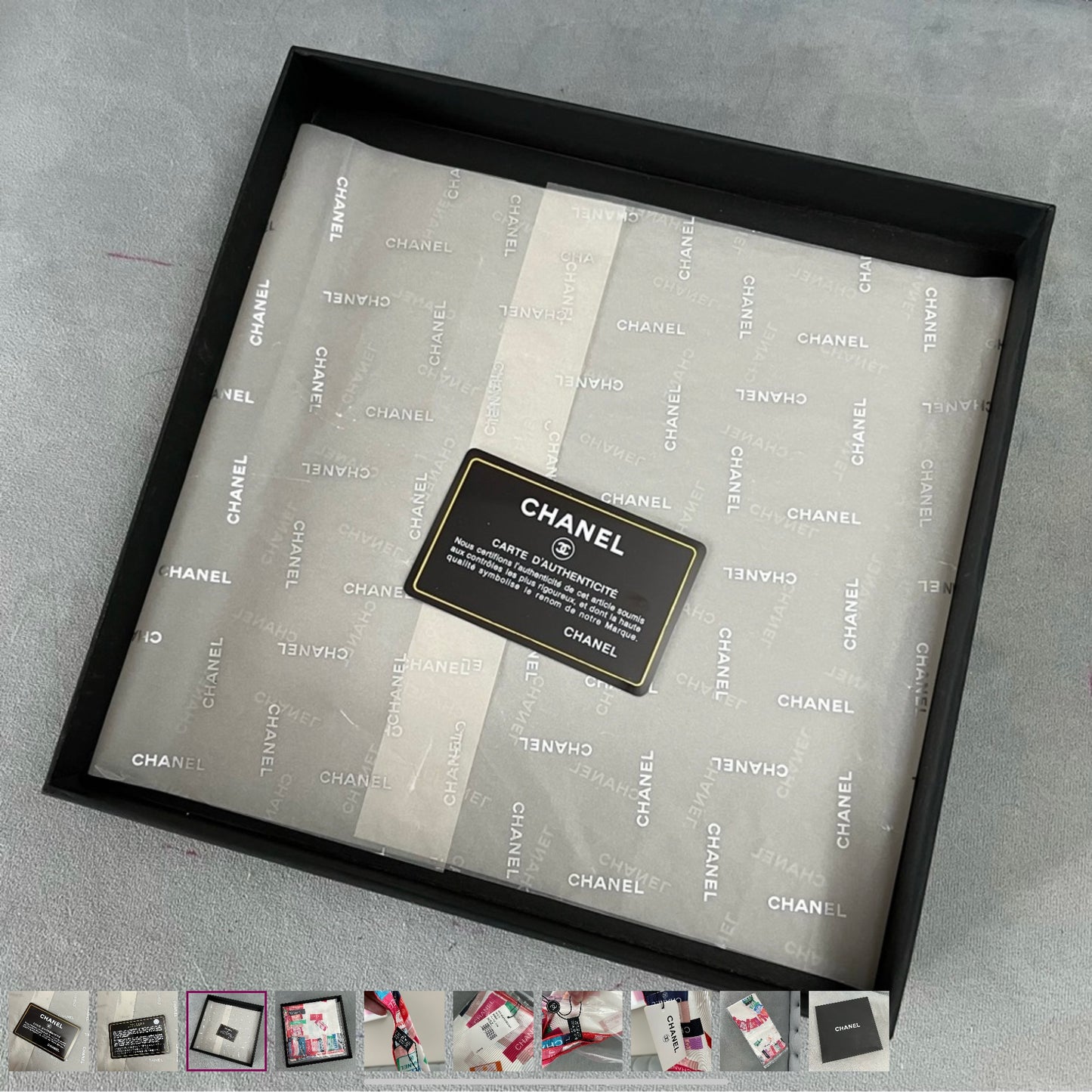 New CHANEL 100% Silk Scarf 34x34 inches in Box with Certificate