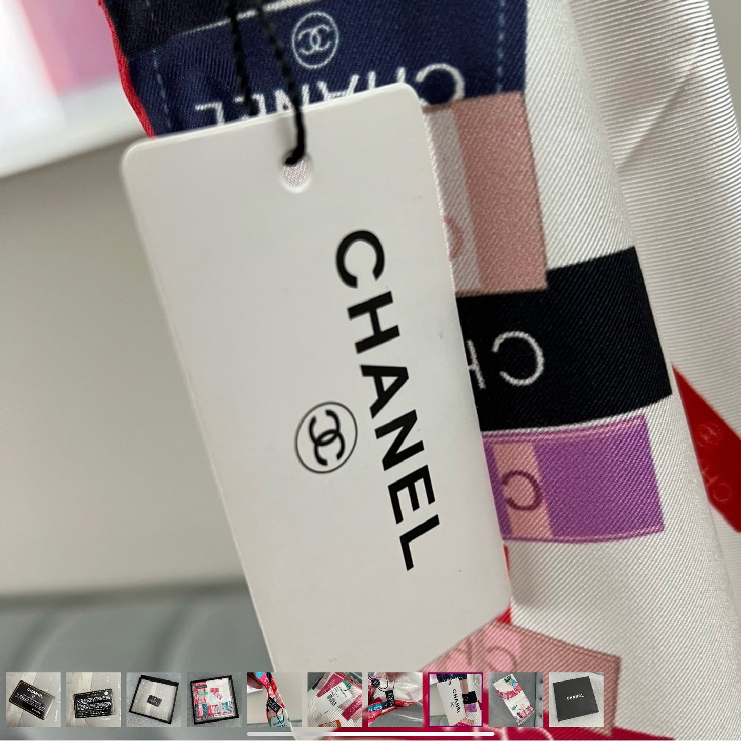 New CHANEL 100% Silk Scarf 34x34 inches in Box with Certificate