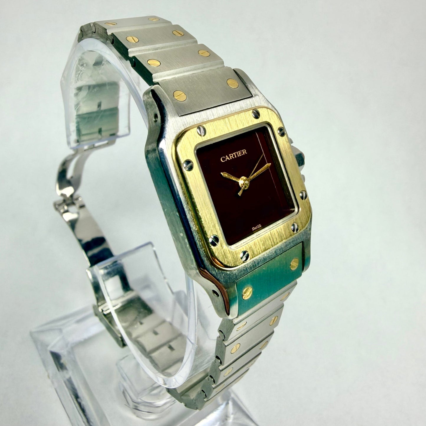 CARTIER SANTOS GALBEE 24mm Automatic 2 Tone Watch Burgundy Dial