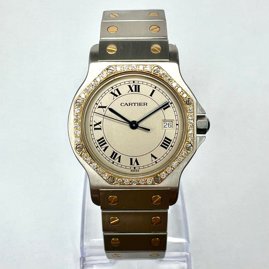CARTIER SANTOS OCTAGON 31mm Quartz 2 Tone 0.38TCW Diamond Watch  NEW Model