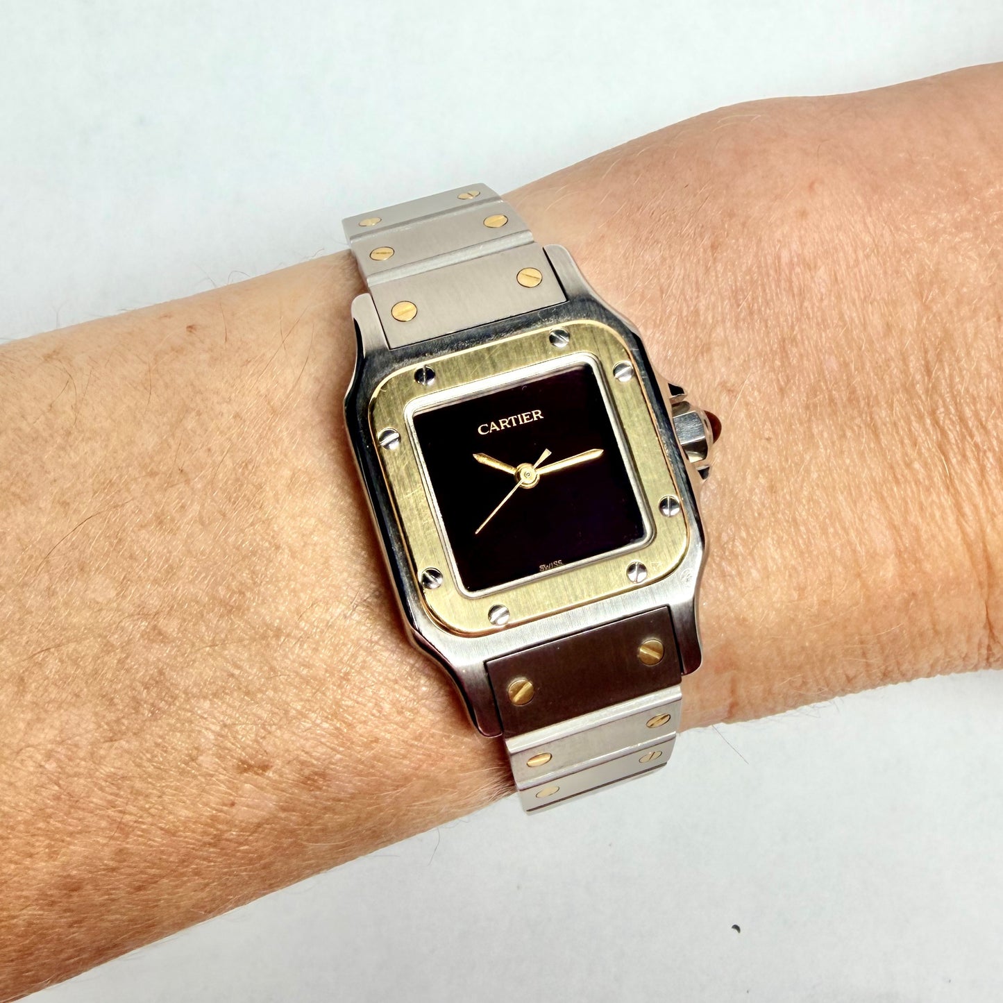 CARTIER SANTOS GALBEE 24mm Automatic 2 Tone Watch Burgundy Dial