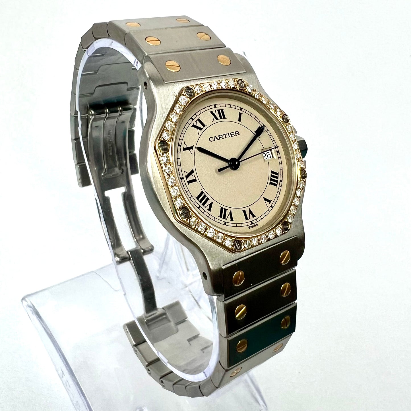 CARTIER SANTOS OCTAGON 31mm Quartz 2 Tone 0.38TCW Diamond Watch  NEW Model