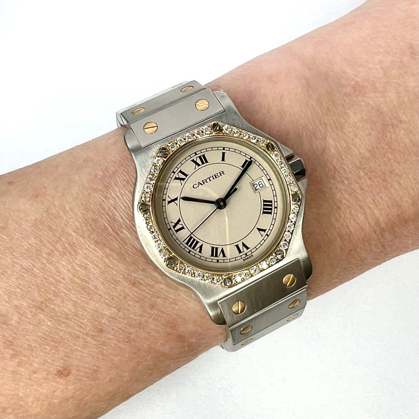 CARTIER SANTOS OCTAGON 31mm Quartz 2 Tone 0.38TCW Diamond Watch  NEW Model