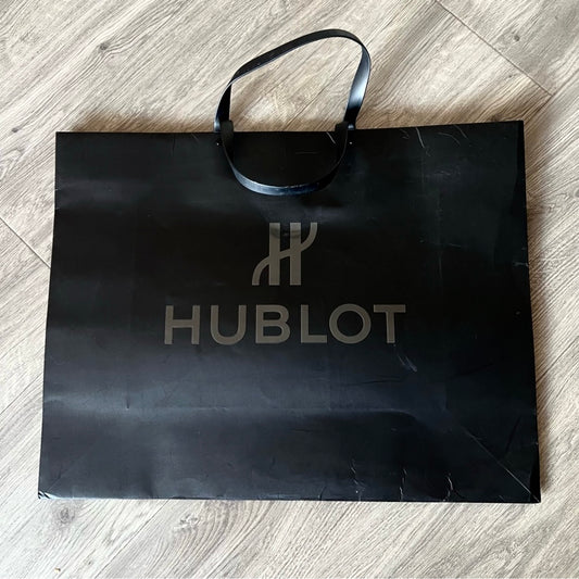 HUBLOT Large Black Paper Shopping Gift Bag 19.25x15x7 inches Rubber Handles