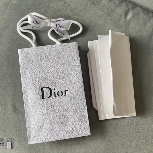 DIOR White Paper Shopping Gift Bag 8.90x5.75x3.25” + Original Tissue + Ribbon