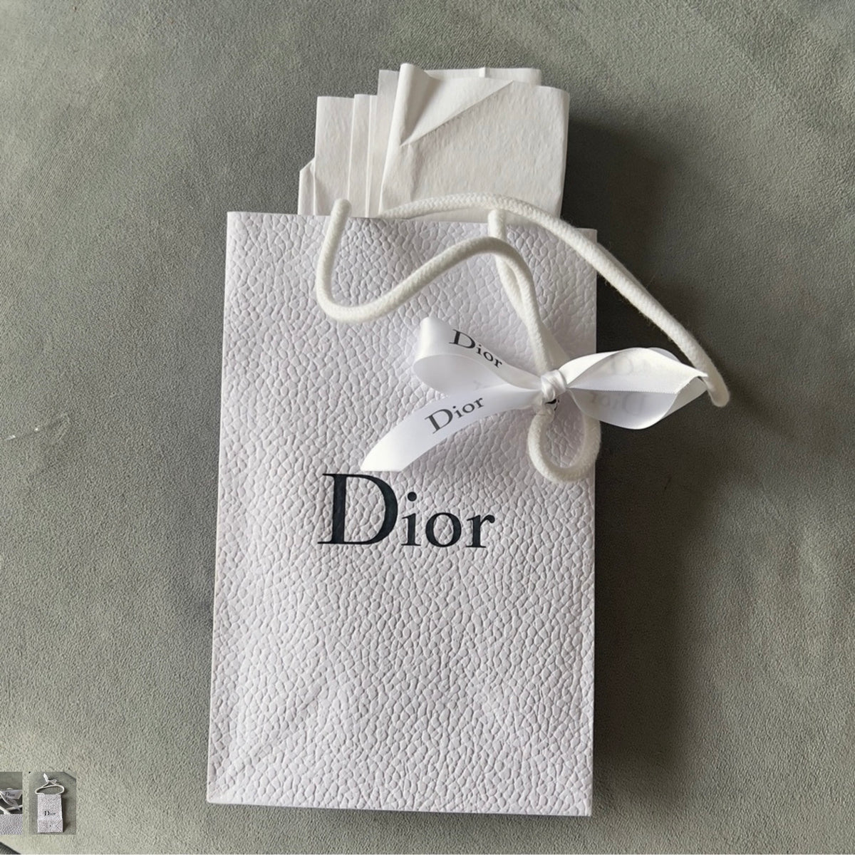 DIOR White Paper Shopping Gift Bag 8.90x5.75x3.25” + Original Tissue + Ribbon