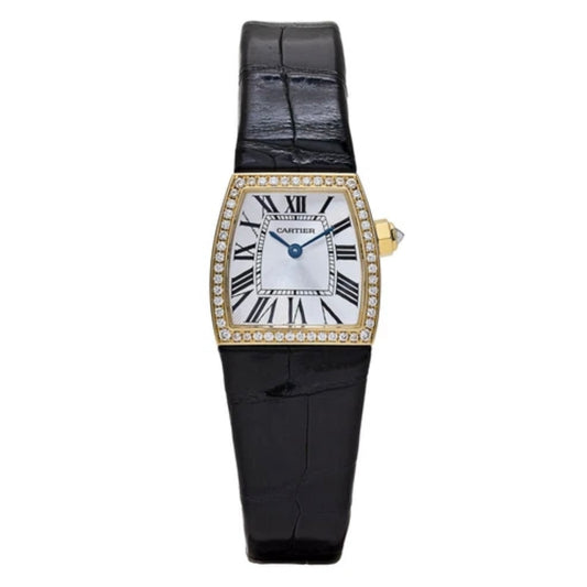 CARTIER LA DONA Quartz 22mm 18K Rose Gold ~1TCW Diamond Watch Burgundy Band Silver Dial