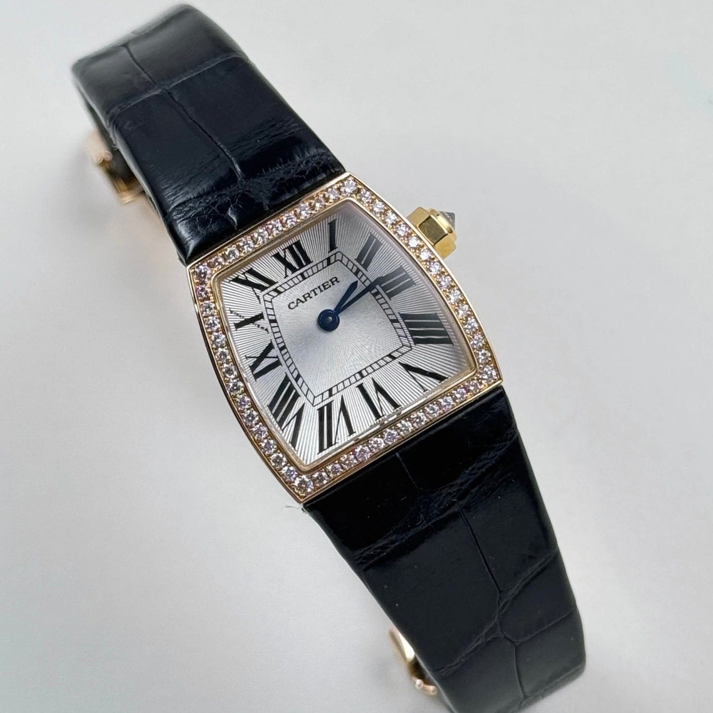 CARTIER LA DONA Quartz 22mm 18K Rose Gold ~1TCW Diamond Watch Burgundy Band Silver Dial