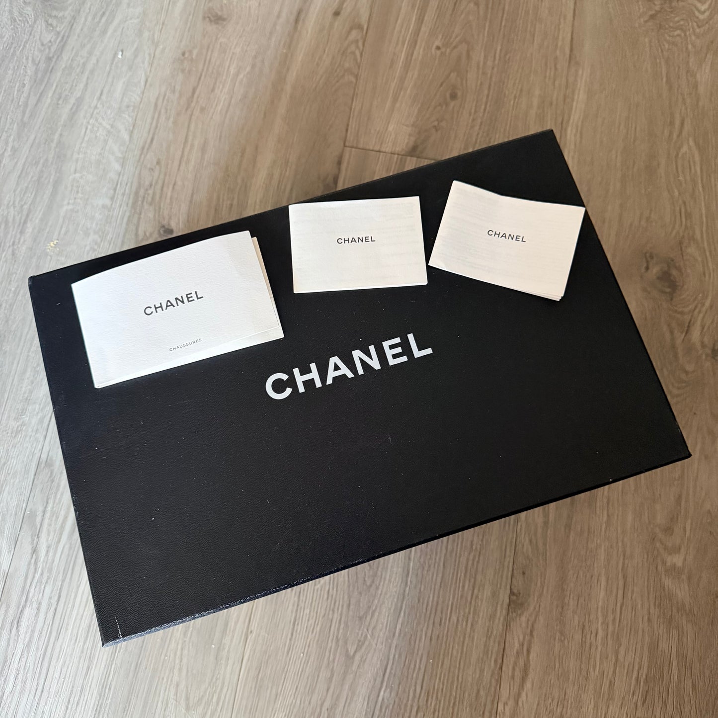 CHANEL sneakers Box in black w/ white logo detailing + Booklets + Tissue 13.25x8.5x5.60”