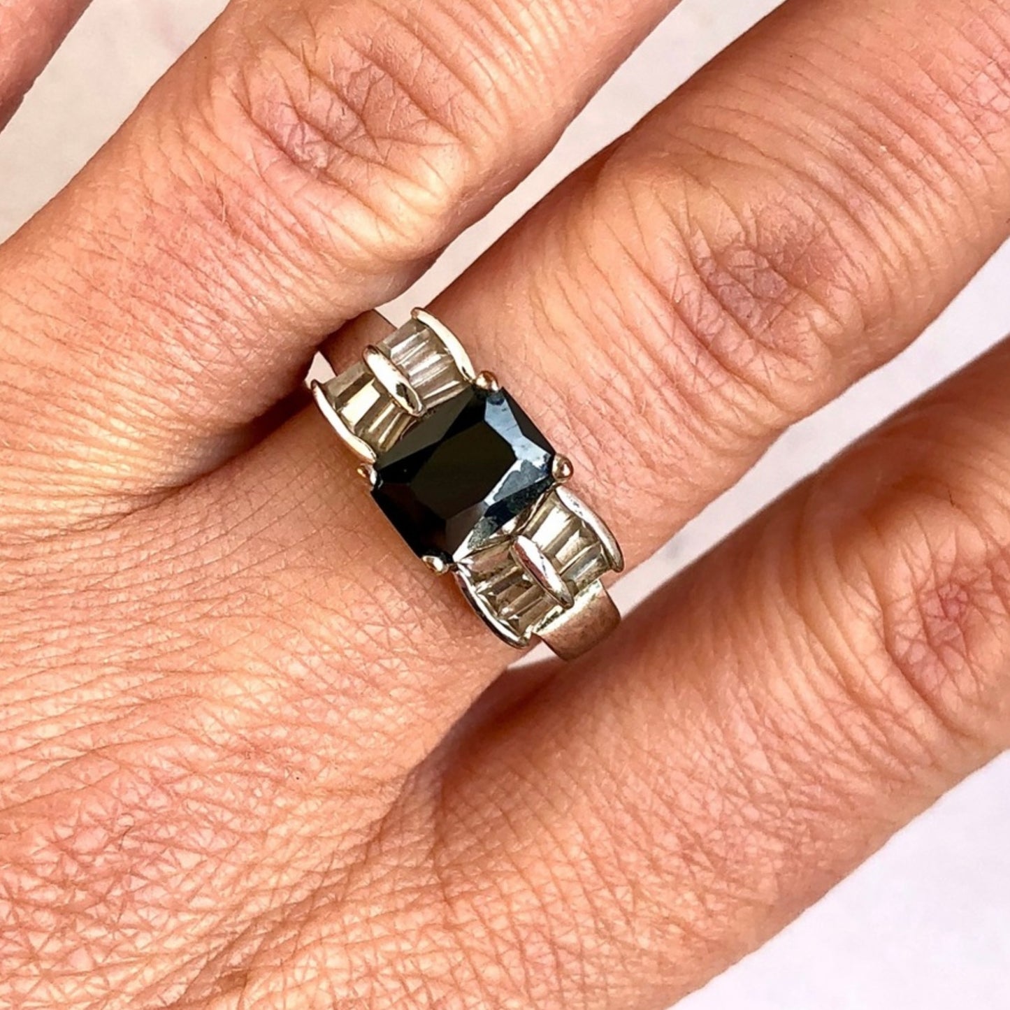 Silver Tone Black Stone Statement Ring Size 8